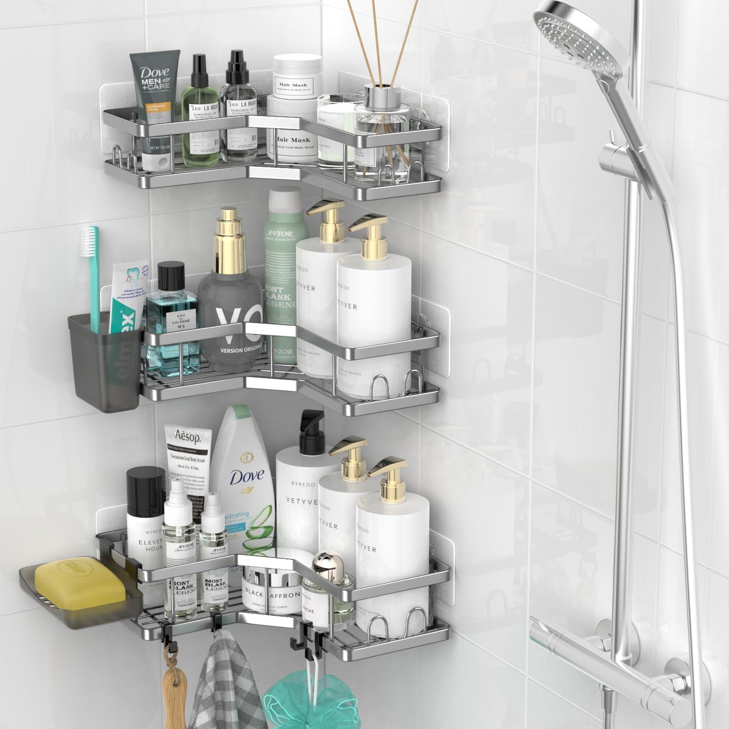Corner Shower Caddy Bathroom Organizer: Adhesive Shower Rack Bathtub Shelves - 3Pack No Drilling Shower Shelf - Stainless Steel Rustproof Bath Tub Organizer