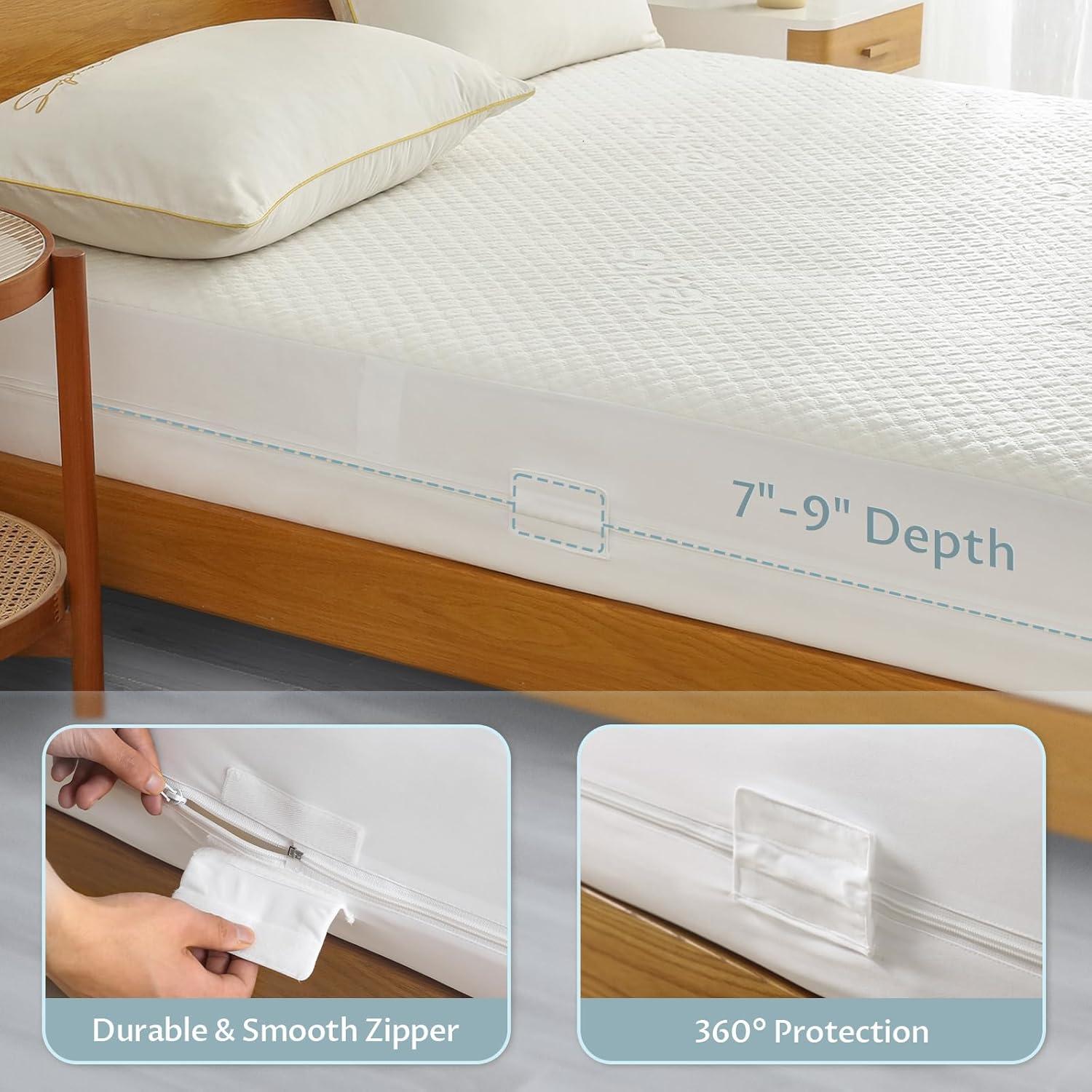 Queen Size Bed Waterproof Bamboo Mattress Protector with Zipper -Cooling Breathable Noiseless Mattress Pad Cover - Top Removable Mattress Encasement 10-12" Deep