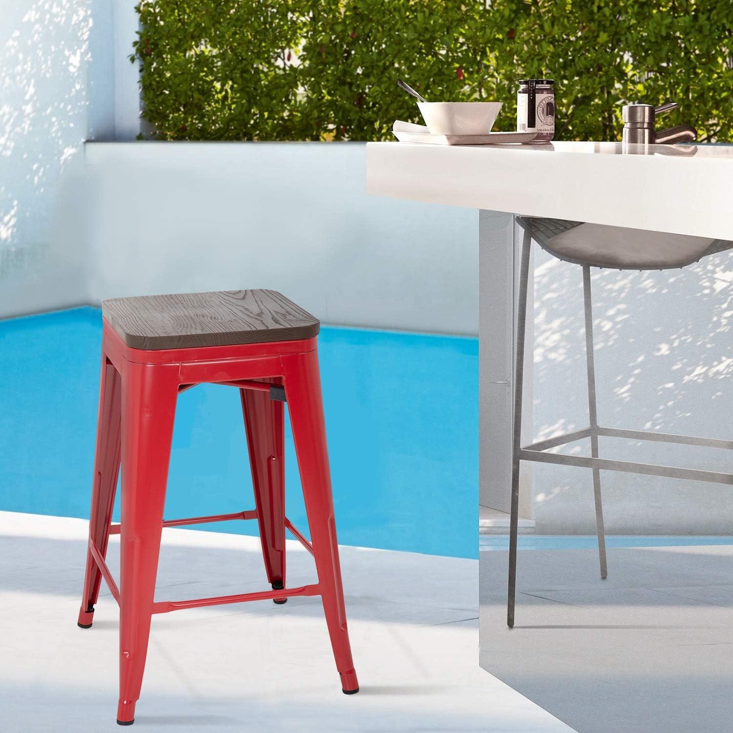 24" Red Metal Bar Stools with Wood Seat, Set of 4
