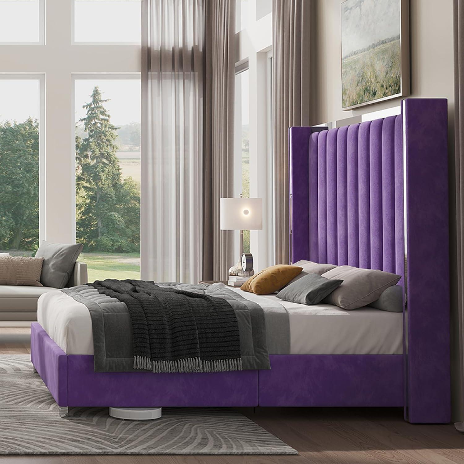 Merluxy King Size Bed Frame with 58" Tall Headboard, Velvet Upholstered Platform Bed with Channel Tufted Wingback Headboard and Plating Trim, Cream