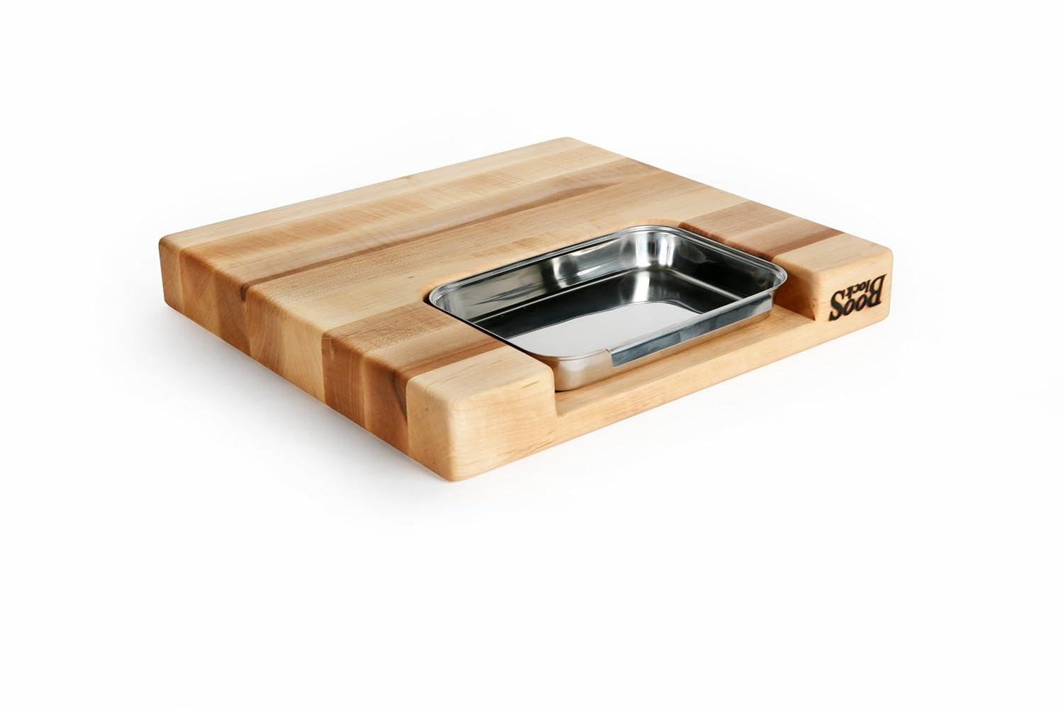 John Boos Boos Block Newton Prep Master Reversible Wood Cutting Board with Juice Groove and Pan, 2.25-Inch Thickness, 15" x 14" x 2 1/4", Maple
