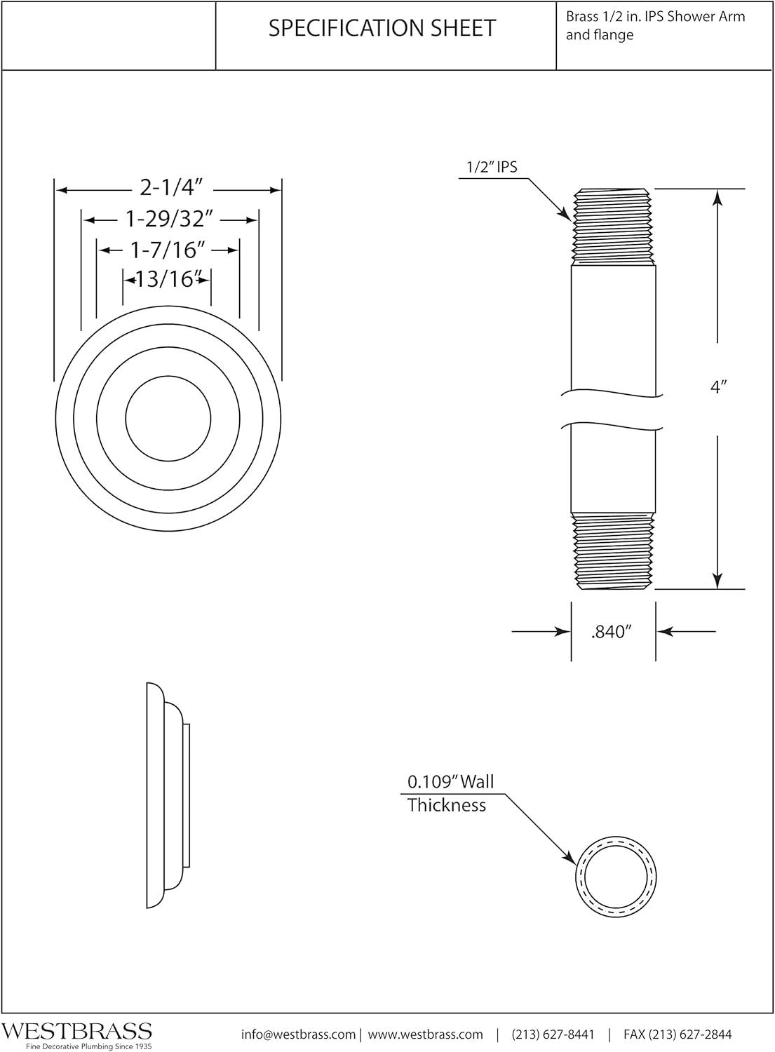 Westbrass 1/2" IPS x 4" Round Ceiling Mount Shower Arm with Flange