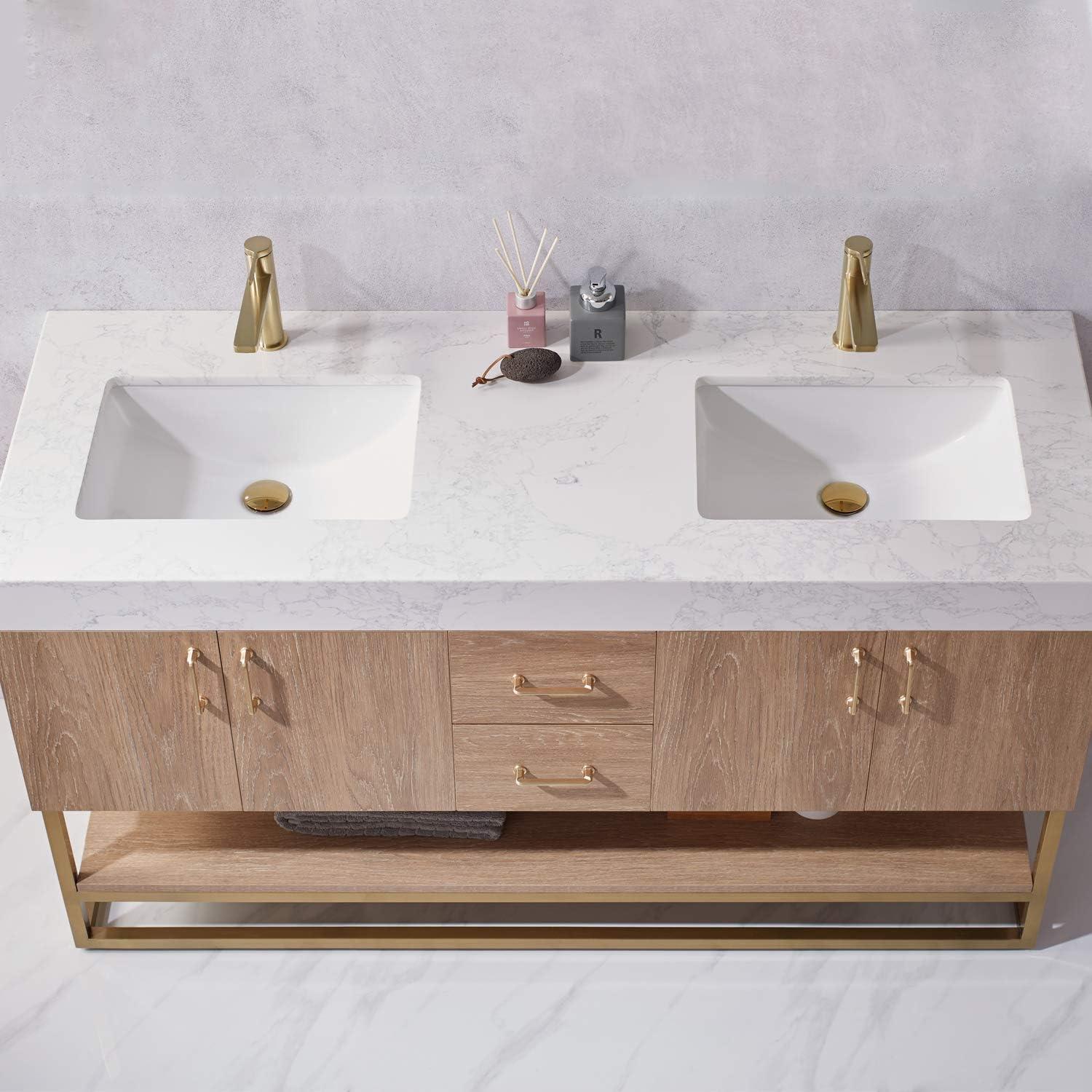 Vinnova Alistair 60" White Grain Stone Top Double Vanity in Oak