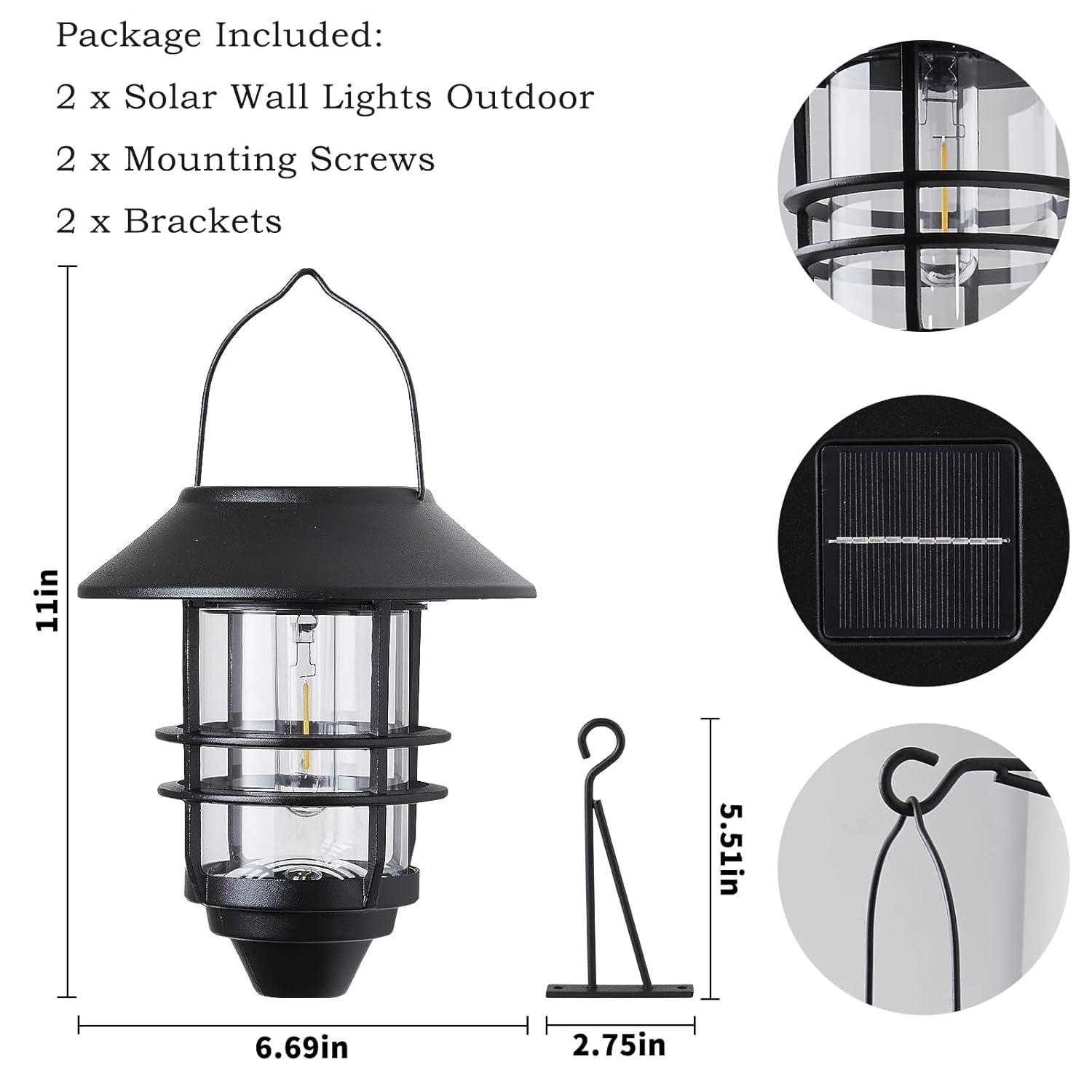 2 Pack Solar Lights Outdoor Lanterns,Waterproof Hanging Solar Lights Lantern Glass Metal with Wall Mount Kit, Garden Lanterns Solar Powered for Outdoor, Fence, Front Porch Exterior Lighting