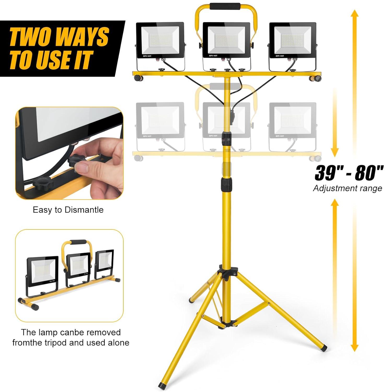 21000 Lumen Work Lights with Stand，3 Adjustable Head LED Work Light, with Adjustable and Foldable Tripod Stand, Waterproof Lamp with Individual Switch with 6500 Kelvin Color Temperature