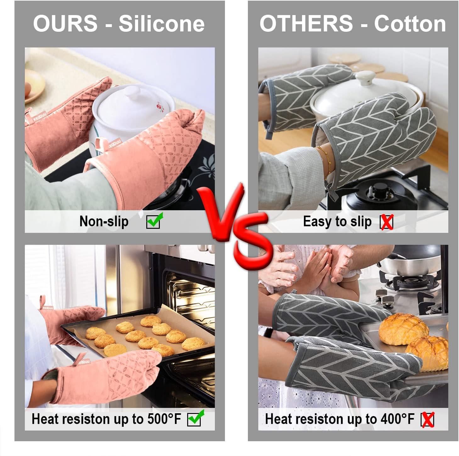 Oven Mitts and Pot Holders 6pcs Set, Kitchen Oven Glove High Heat Resistant 500 Degree Extra Long Oven Mitts and Potholder with Non-Slip Silicone Surface for Cooking (Grey)