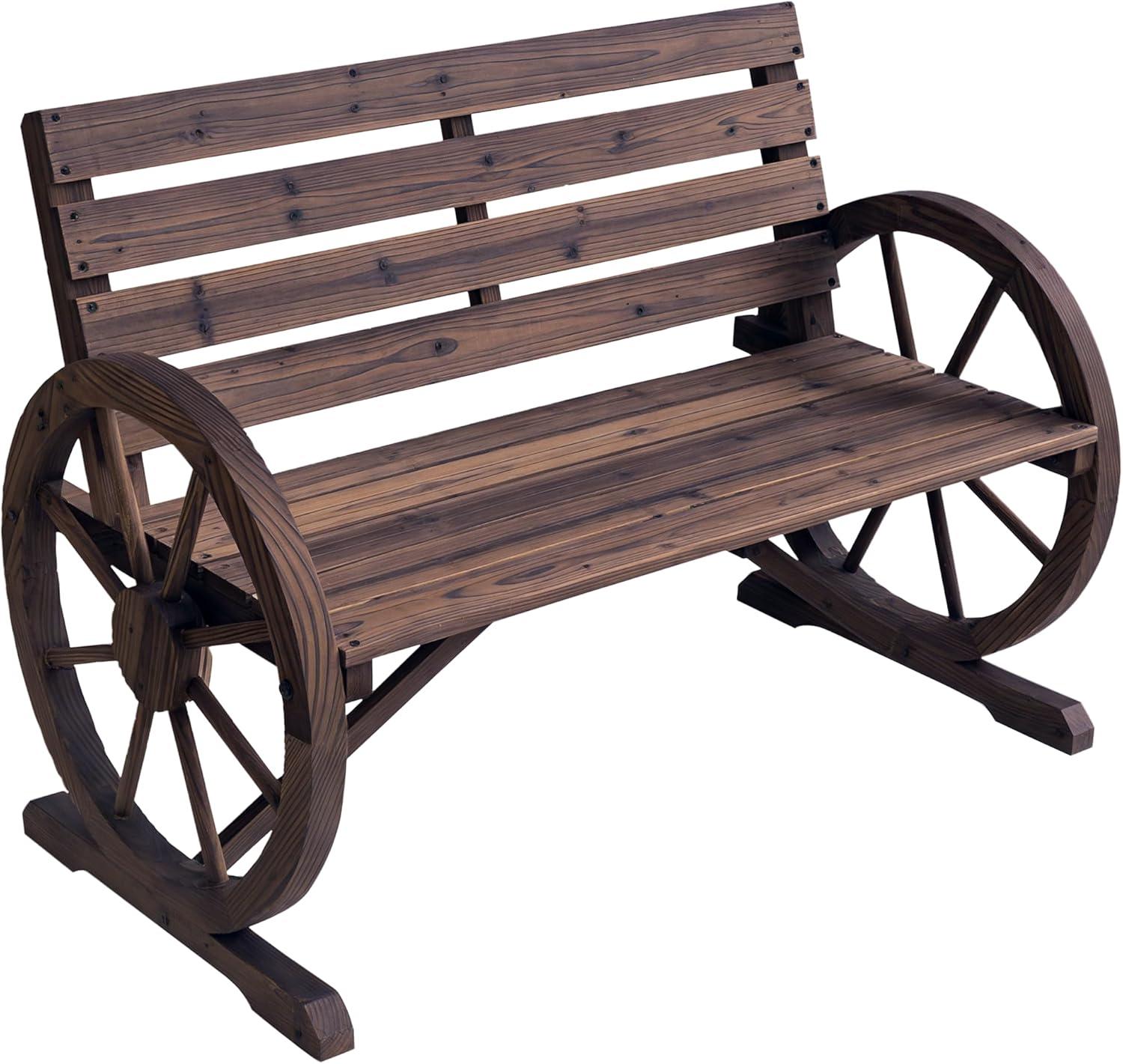 ZWNLKQG Wooden Wagon Wheel Bench  Rustic Outdoor Patio   2-Person Seat Bench for Backyard  Patio  Garden  41.5" x 23.25" x 29.5"  Brown