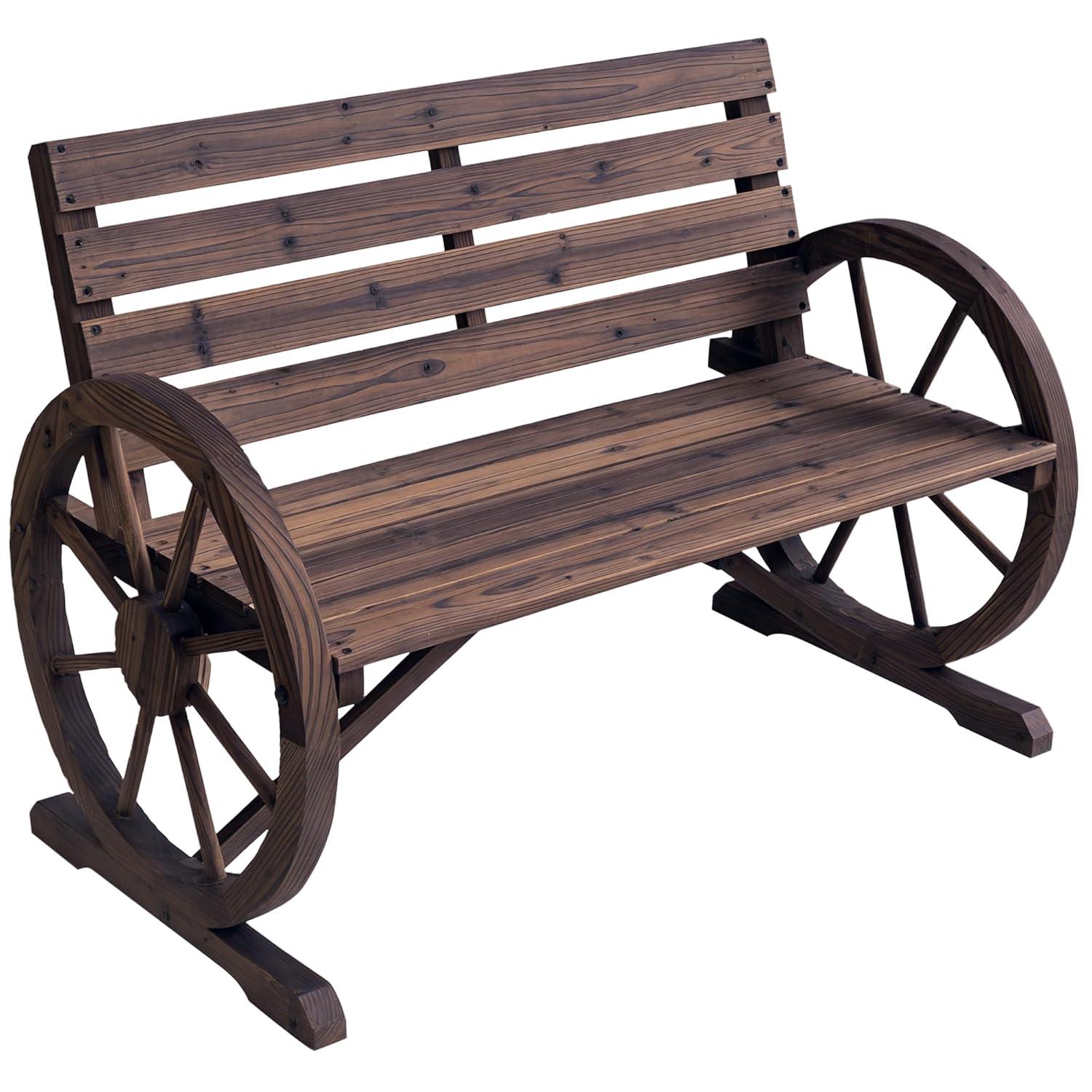 Outsunny Wooden Wagon Wheel Bench Rustic Outdoor Patio Furniture, 2-Person Seat Bench with Backrest Carbonized