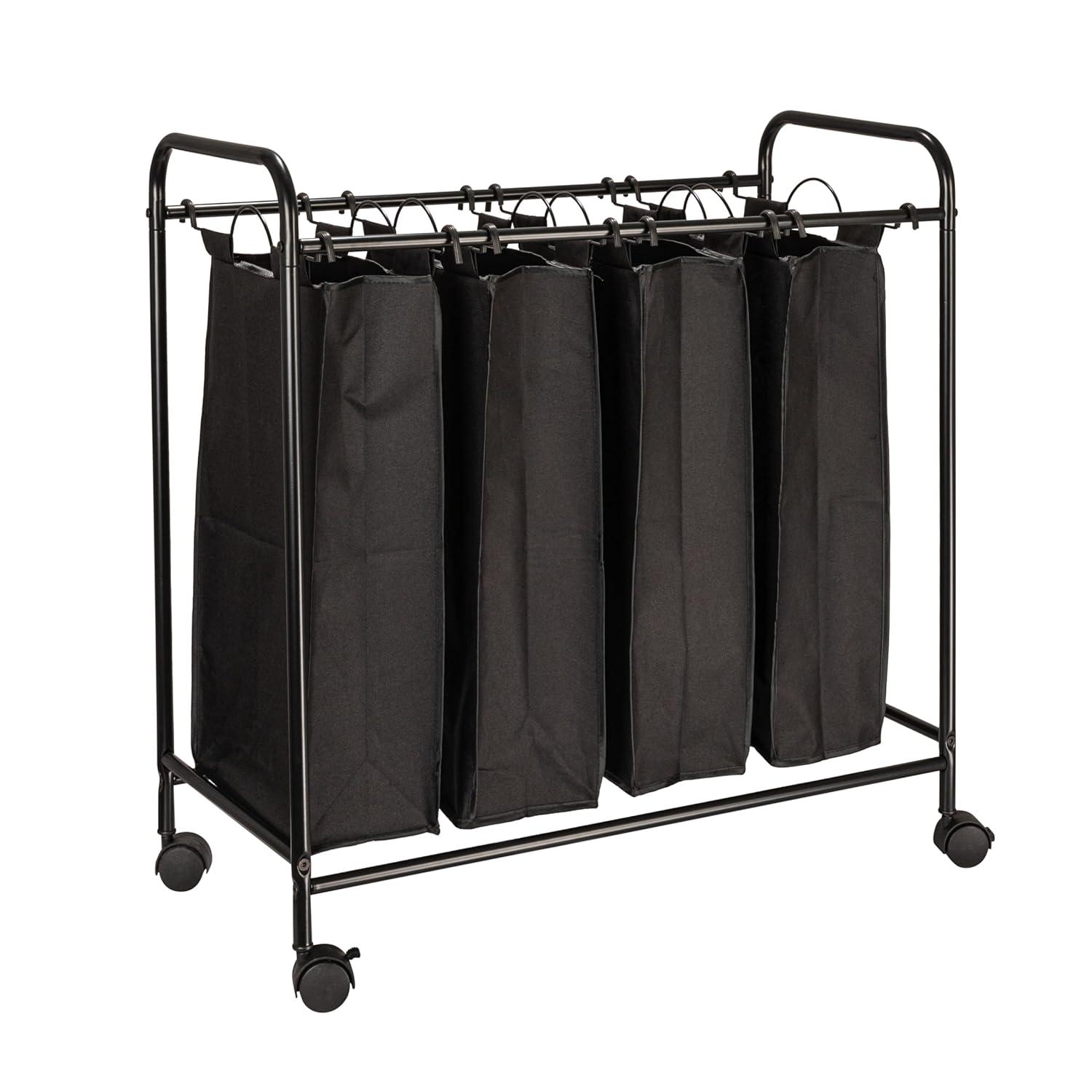 Rolling Laundry Sorter, 4 Bag Laundry Sorter Cart with Washable and Removable Bags, Black