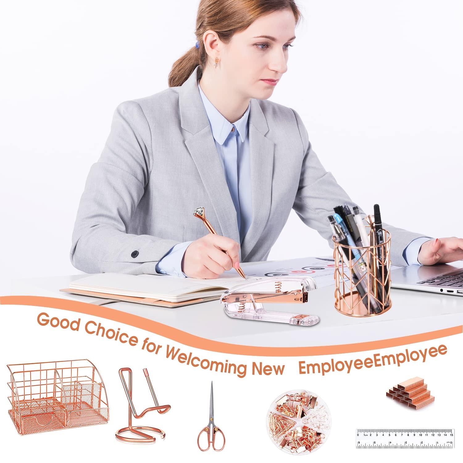 KISPATTI Desk Organizers and Accessories, Rose Gold Office Supplies with Mesh Desk Organizer, Acrylic Stapler, Staples, Ballpoint Pen, Clips Set, Pen Holder, Ruler, Scissor, Phone Holder