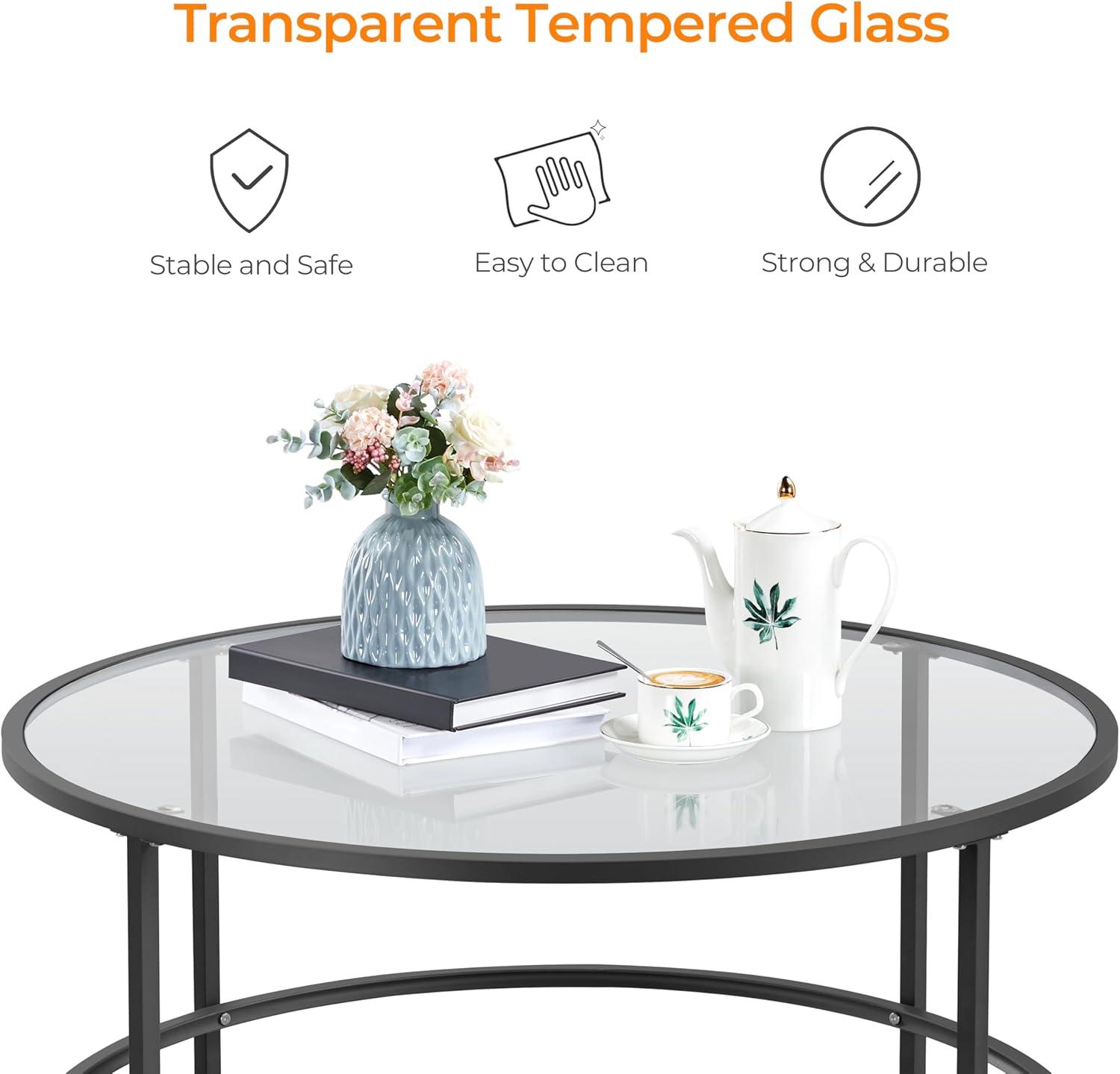 36" Round Glass Coffee Table, Black Circle Coffee Table Center Table with Glass Top, Small Coffee Table for Living Room, Office and Apartment