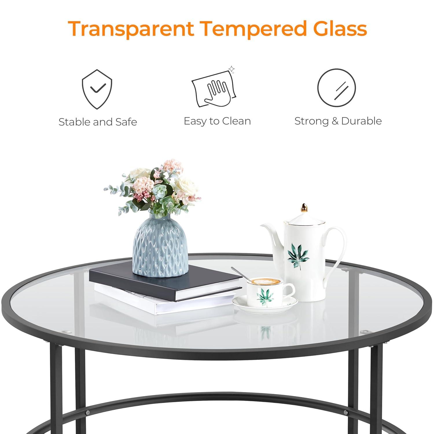 36" Round Glass Coffee Table, Black Circle Coffee Table Center Table with Glass Top, Small Coffee Table for Living Room, Office and Apartment