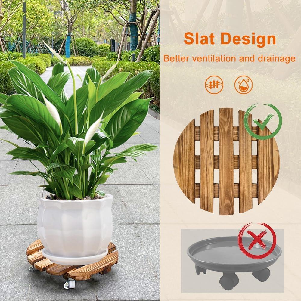BUSATIA 2pack 12" Plant Caddy Plant Stand with Wheels,Rolling Plant Stand Heavy Duty Wooden Round Plant Dolly Rollers with 360°Metal Lockable Casters Indoor Outdoor Pot Plant Roller Base Caddies