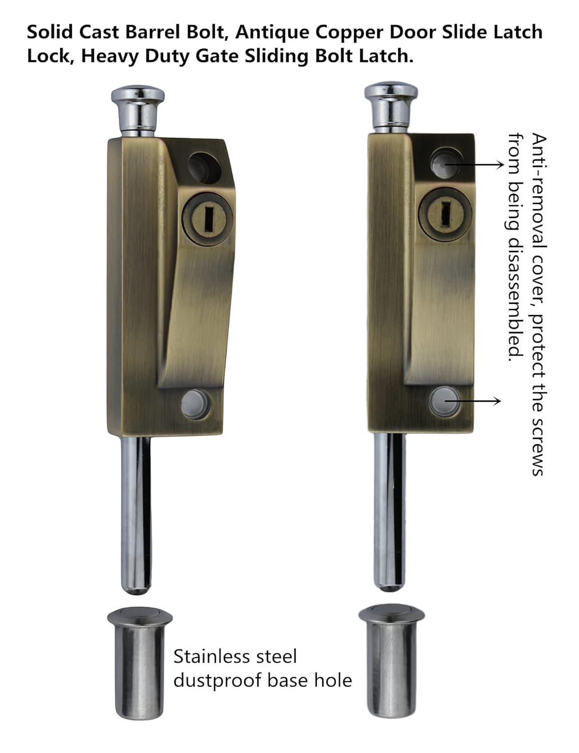Spring Loaded Latch pin Heavy Duty Sliding Bolt Marine Grade 2025 Update,Barrel Bolt Thickened Vertical Latch Door Lock Cane Bolts for Gates Garage barn Double Door (Bronze Retro)