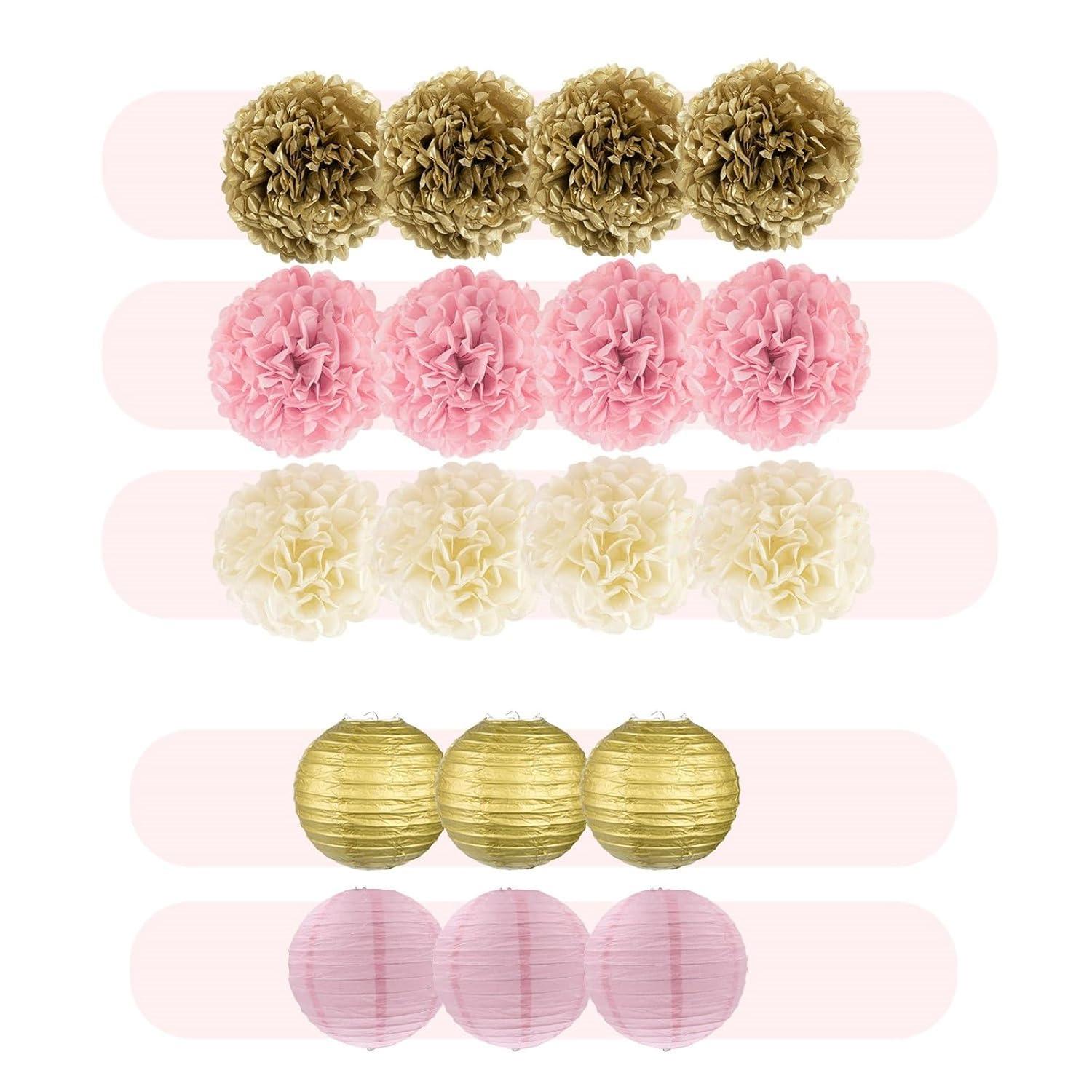 EpiqueOne 22pc Pink, Gold, and Ivory Decorative Party Decoration Kit with Paper Pom Poms and Lanterns