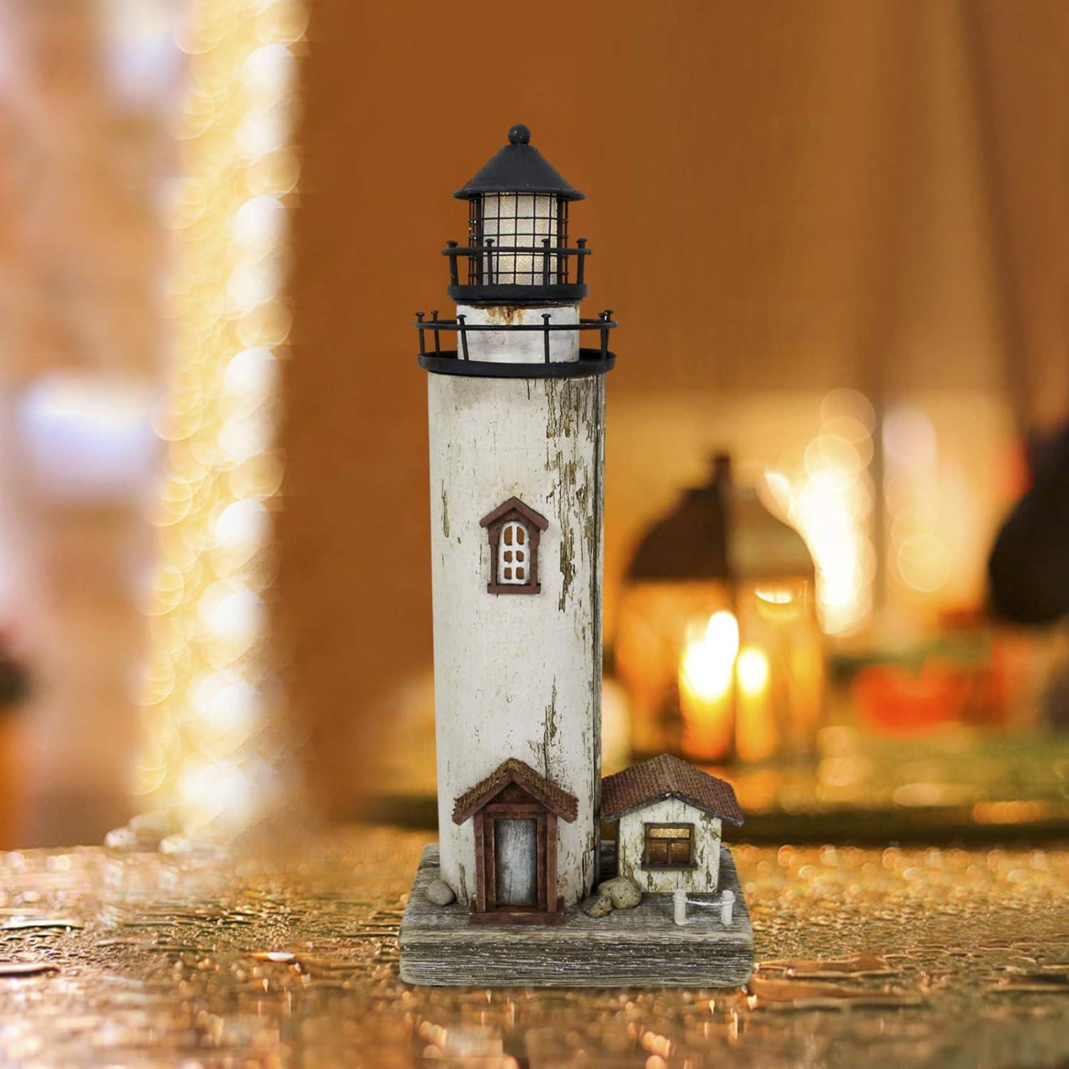 Rustic White and Brown Wooden Lighthouse Decor with LED Light