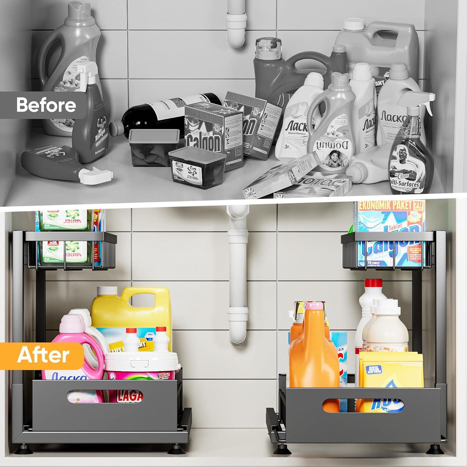 Rebrilliant Under Sink Organizer, 2 Tier Under Sink Organizers And Storage, Metal Slide Out Pull Out Cabinet Organizer ,2 Pack Sliding Drawer Organizer For Kitchen Bathroom Pantry