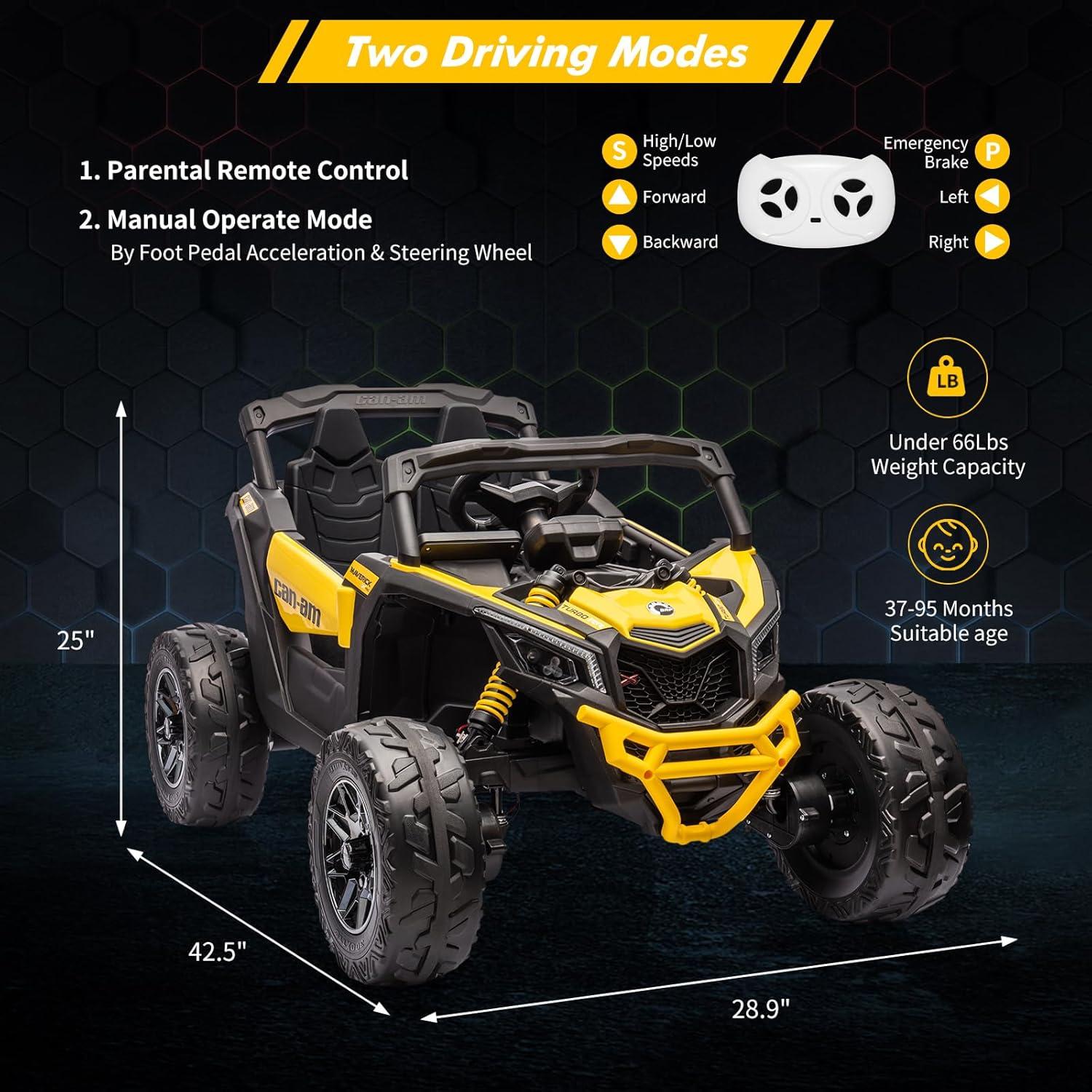 12V Ride on UTV Car, Licensed Can-Am Electric Off-Road UTV Car, Kids Truck Remote Control, Large Seat, Ride on Toy for Kids