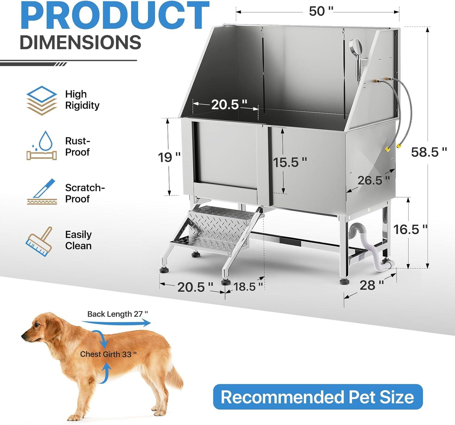 MoNiBloom 50" Stainless Steel Dog Grooming Tub with Steps and Sliding Door