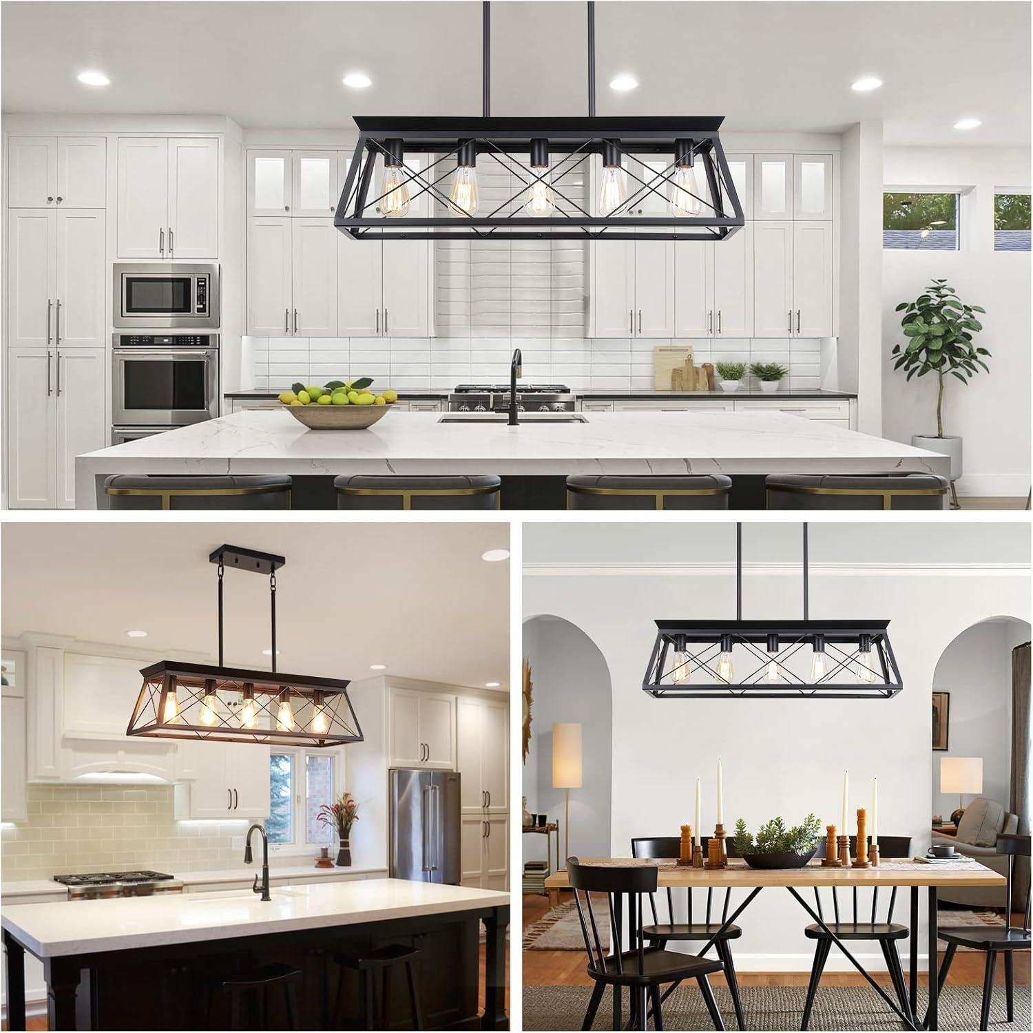 5-Light Farmhouse Chandeliers For Dining Room, Metal Rustic Pendant Island Light Fixture, Modern Rectangular Island Lights For Kitchen, Living Room Pure Black(No Bulbs)