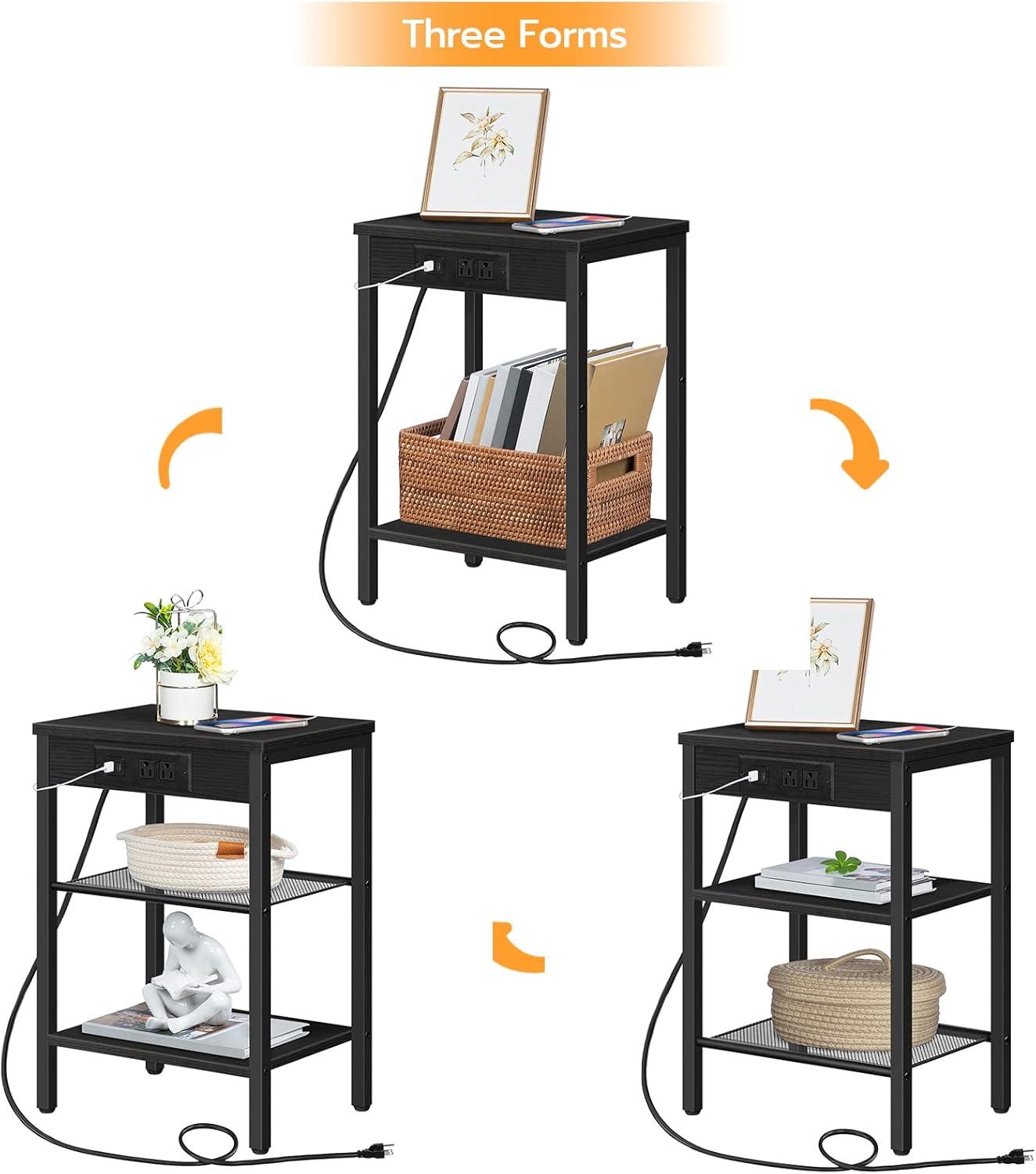 End Table Set of 2 with Charging Station and USB Ports, 3-Tier Nightstands with Adjustable Shelf, Small Side Tables for Small Space in Living Room, Bedroom and Balcony, Black BB112BZP201