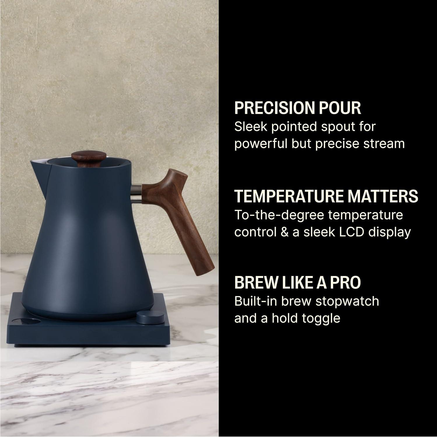 Stone Blue Electric Kettle with Walnut Handle and LCD Display