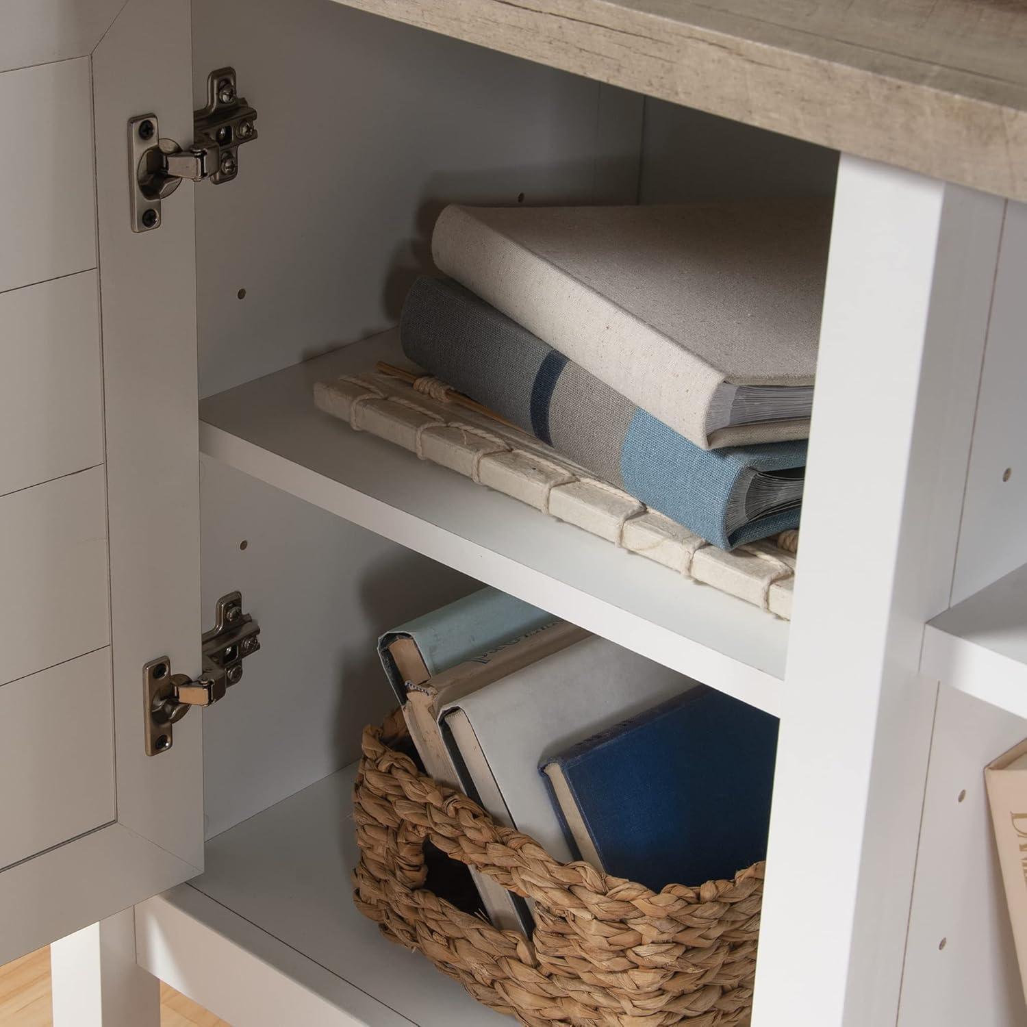 Soft White Farmhouse TV Stand with Cabinets and Shelves