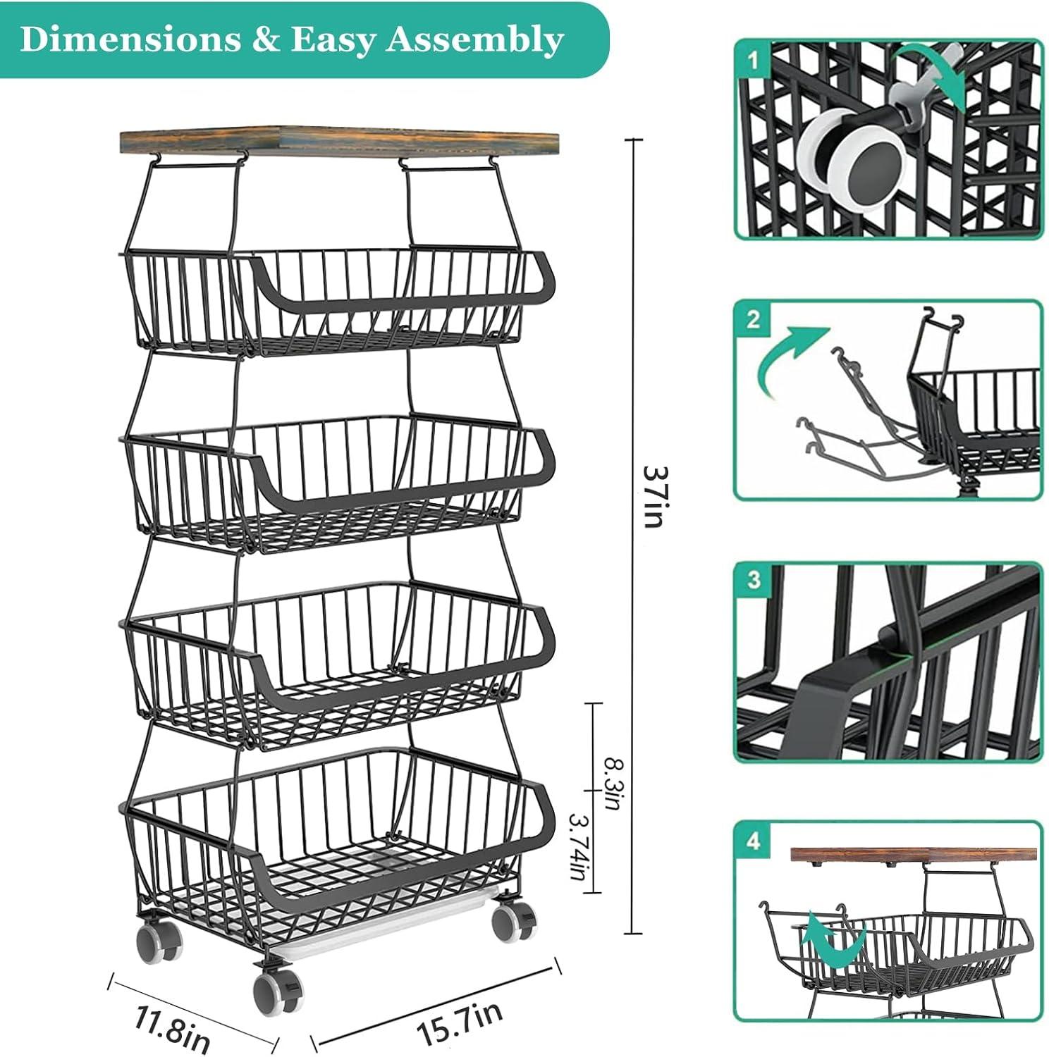 Black 5-Tier Wire and Wood Rolling Storage Basket