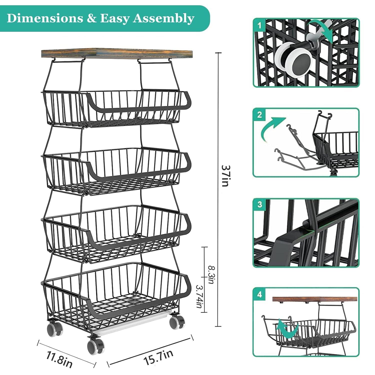 HYYYYH 5 Tier Fruit Vegetable Storage Baskets with Wood Stackable Storage Baskets Produce Storage Bins for Kitchen, Bathroom, Pantry