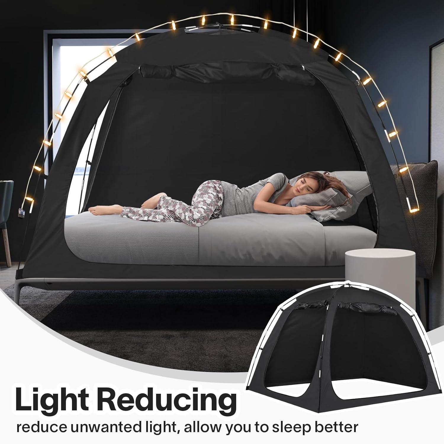 EighteenTek Bed Tent Canopy With Light Strip - Pop Up Privacy Sleeping Tent with 2 Doors, Light Reducing & Breathable Design, Portable Frame, Black