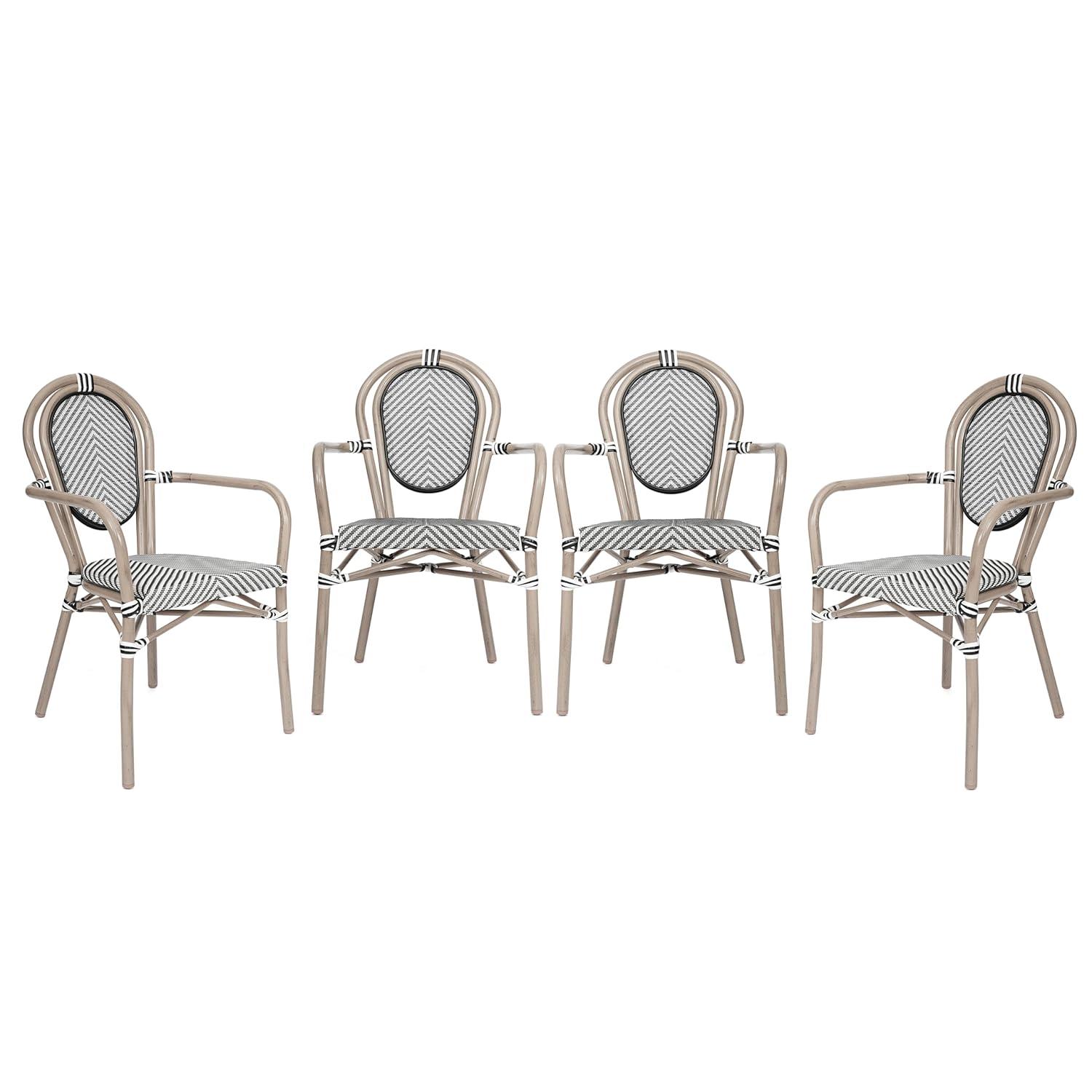 Merrick Lane Mael Set of Four Stacking Thonet Bistro Style Chair with Arms, Black & White Textilene Seat, & Bamboo Metal Frame for Indoor/Outdoor Use