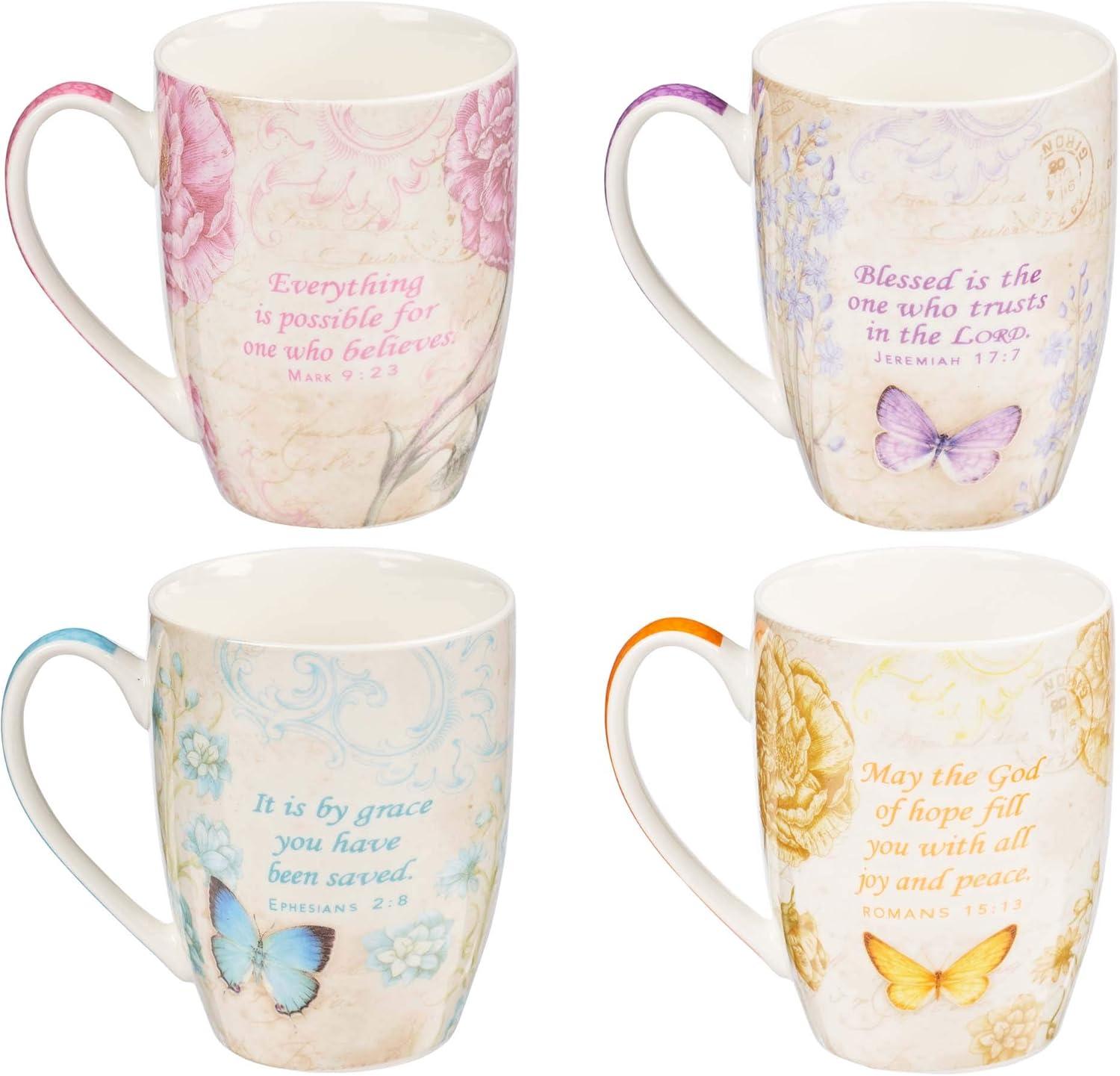 Botanic Butterfly Blessings Coffee/Tea Mug Set w/Scripture  Teal Grace Butterfly, Purple Blessed Butterfly, Pink Believe Butterfly, Yellow Hope Butterfly, Microwave/Dishwasher Safe, Ceramic 12oz