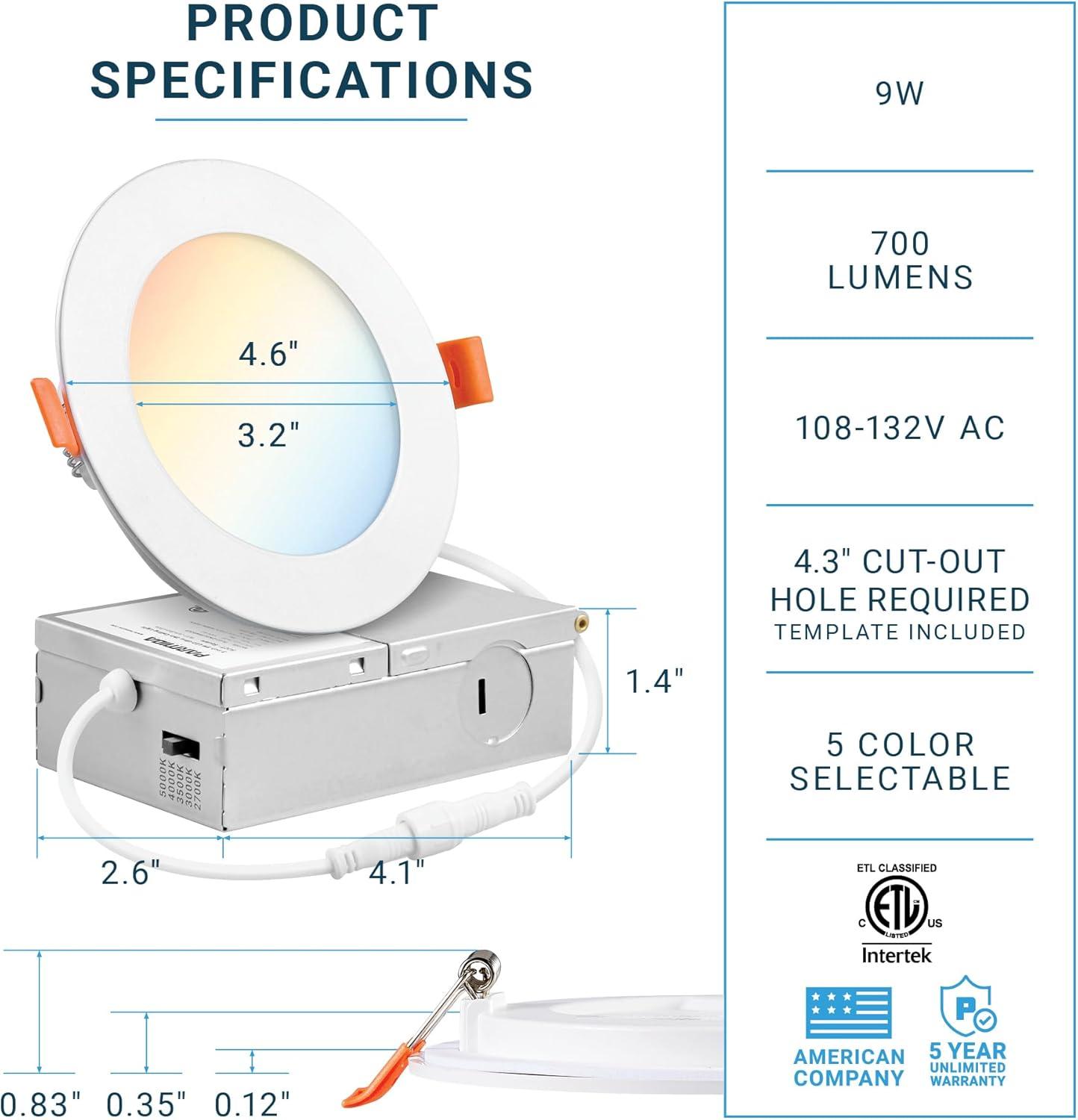 PARMIDA (6 Pack) 4 Inch Ultra-Thin LED Recessed Ceiling Light with Junction Box, 5CCT Color Selectable 2700K/3000K/3500K/4000K/5000K, 12W, Dimmable Canless Wafer Slim Panel Downlight, IC Rated, ETL