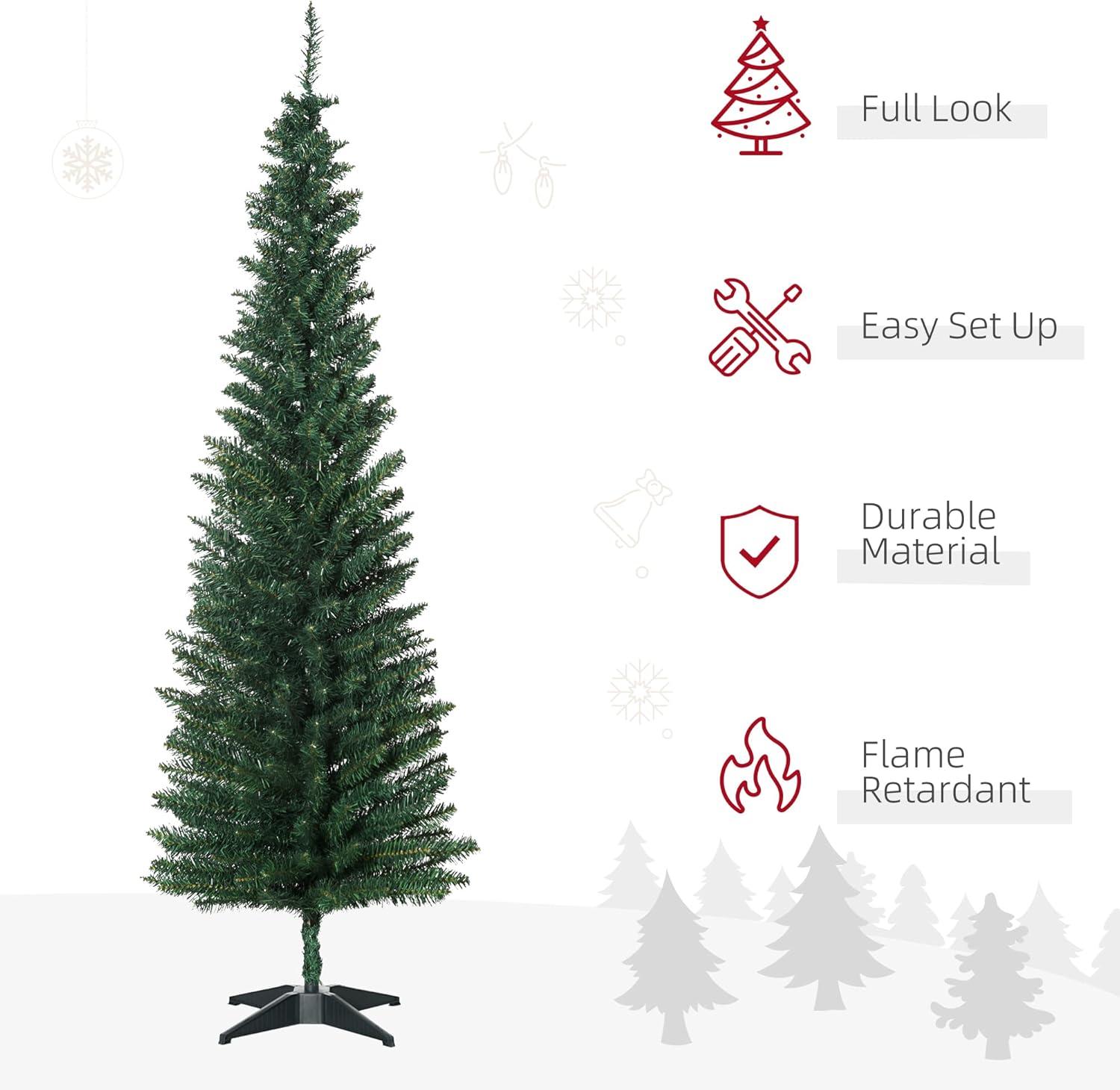 HOMCOM 6 FT Tall Unlit Slim Fir Artificial Christmas Tree with Realistic Branches, and 583 Tips, Green