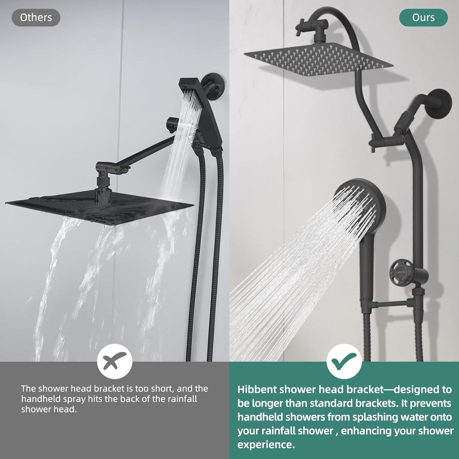 10'' High Pressure Rainfall Shower Head/Handheld Showerhead Combo with 12'' Adjustable Curved