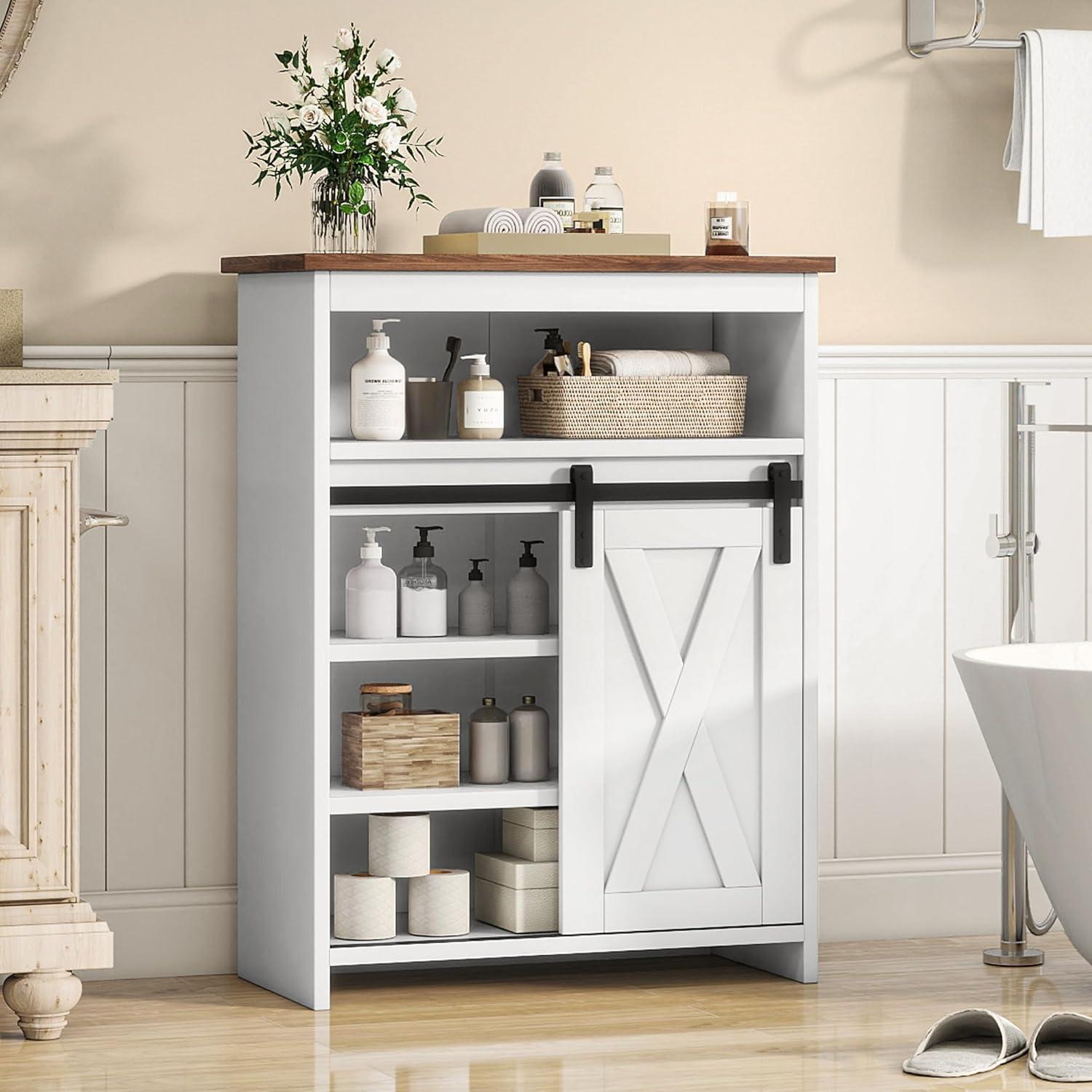 White Farmhouse Bathroom Cabinet with Adjustable Shelves and Sliding Barn Door