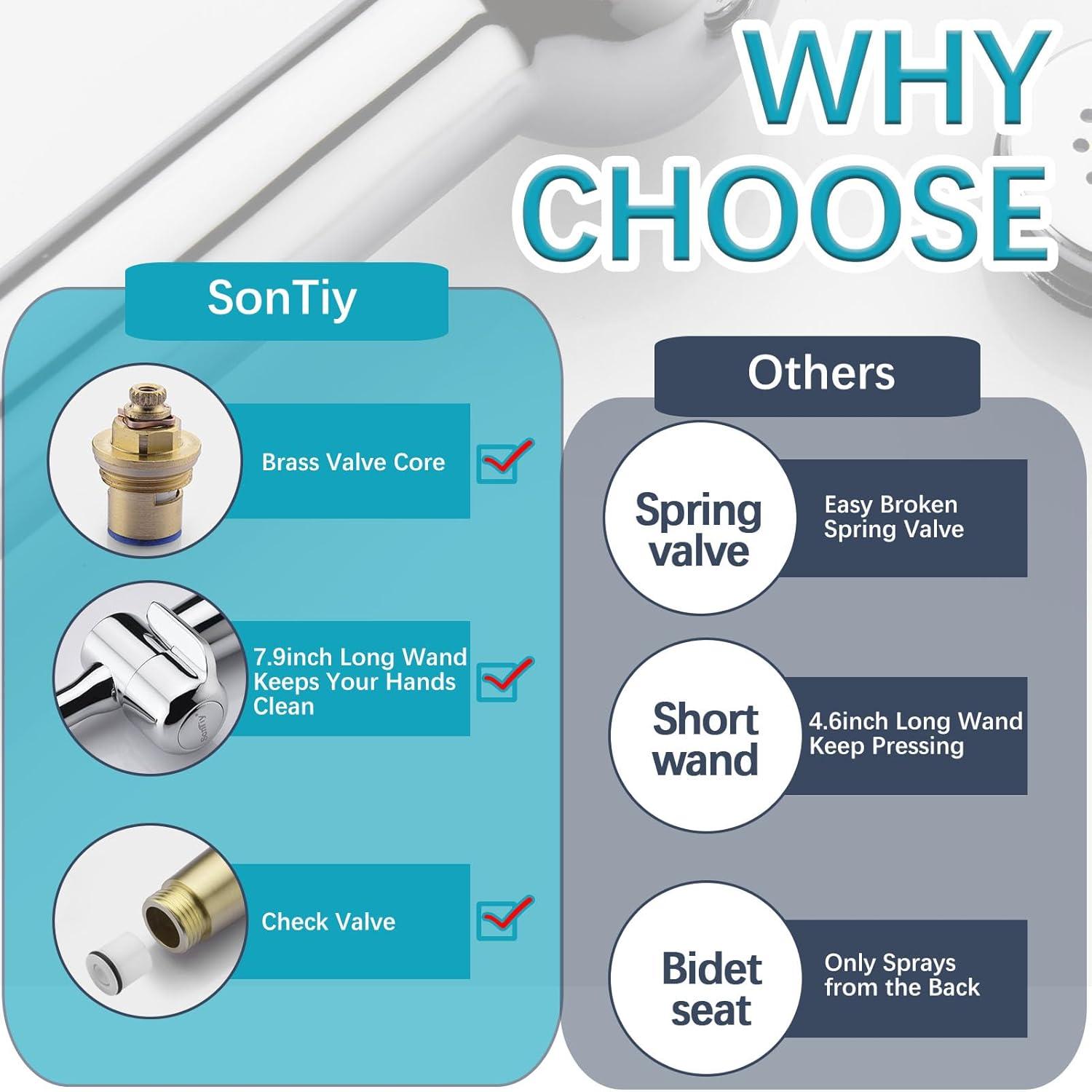 SonTiy Handheld Bidet Sprayer for Toilet, Cloth Diaper Sprayer Set Hand Held Bidet Jet Spray for Toilet with Backflow Preventer, Adjustable Water Pressure Control, Brass 7.2" Hand Bidet Wand, Chrome