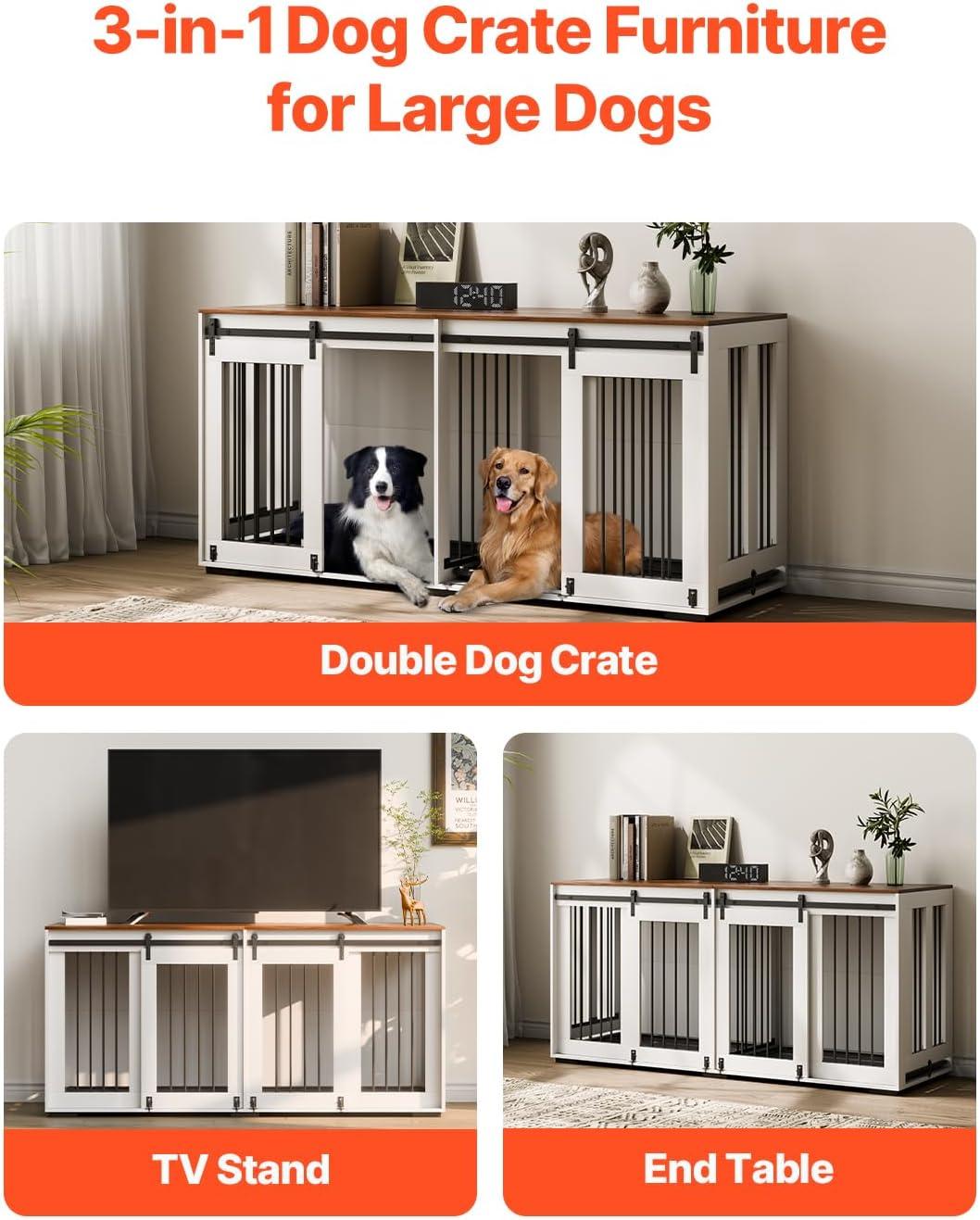 VEVOR 72"Dog Crate Furniture for 2 Dogs,Double Dog Crate Furniture with Double Sliding Doors,Large Dog Crate TV Stand with Removable Tray,Steel Frame Double Dog Crate for Small,Medium,Large Dogs White