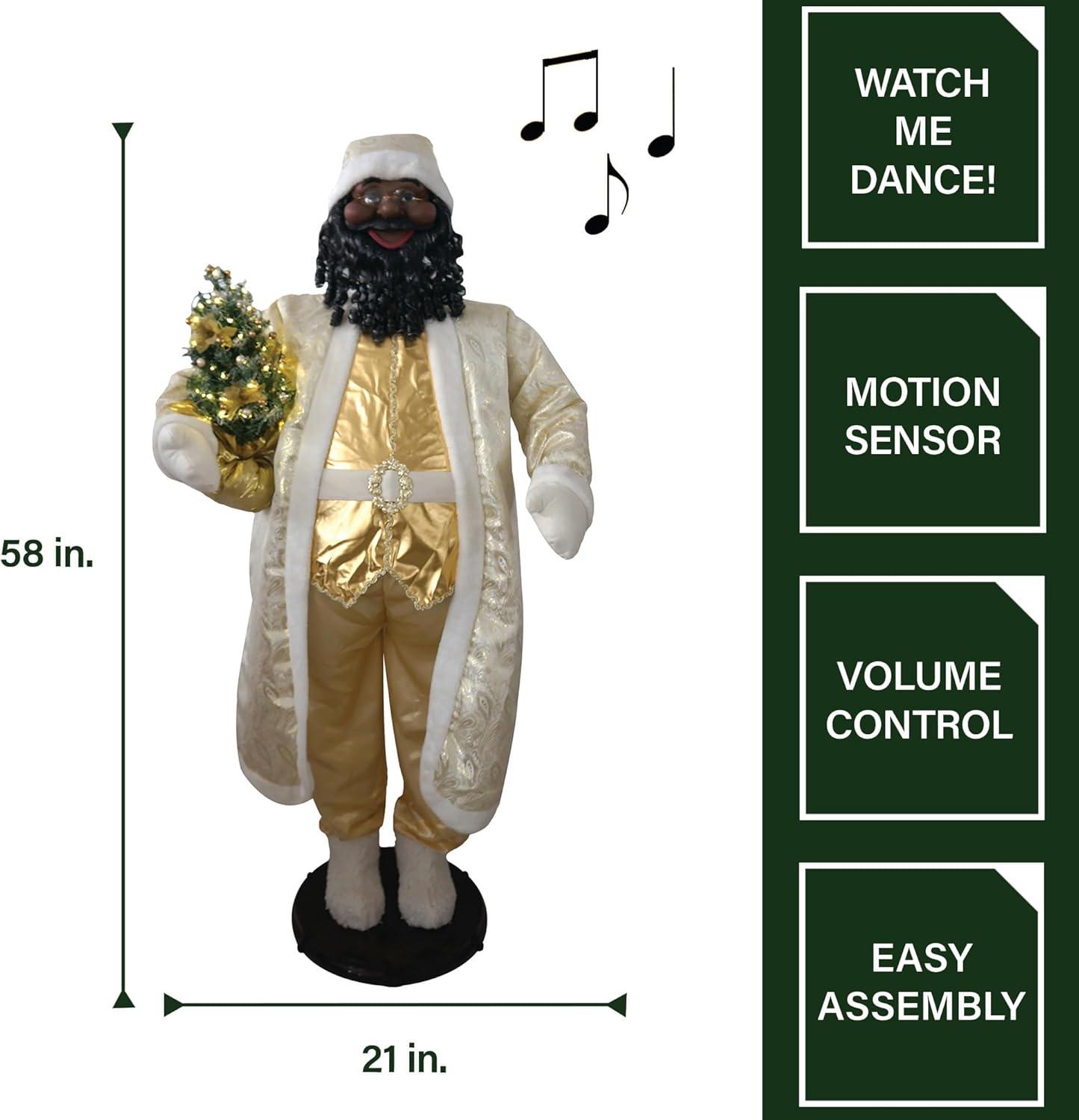 Fraser Hill Farm Life Size 58-in. Dancing African American Santa Animatronic in Gold Coat