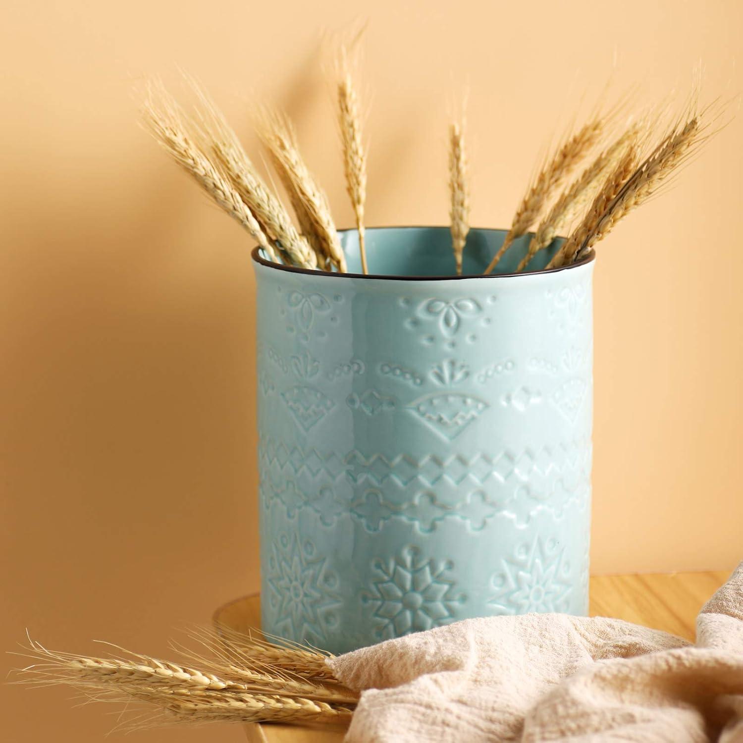 Aqua Ceramic Embossed Kitchen Utensil Holder Crock