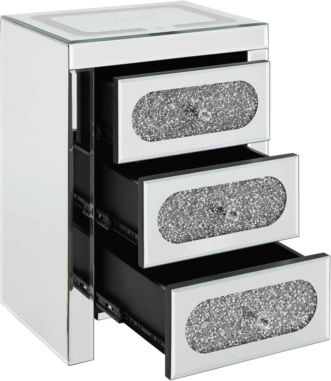 COSVALVE 3 Drawers Mirrored Nightstand Silver Glass Crystal Design Rectangle End Table with Wireless Charging Station, LED Lights, Charge USB Port
