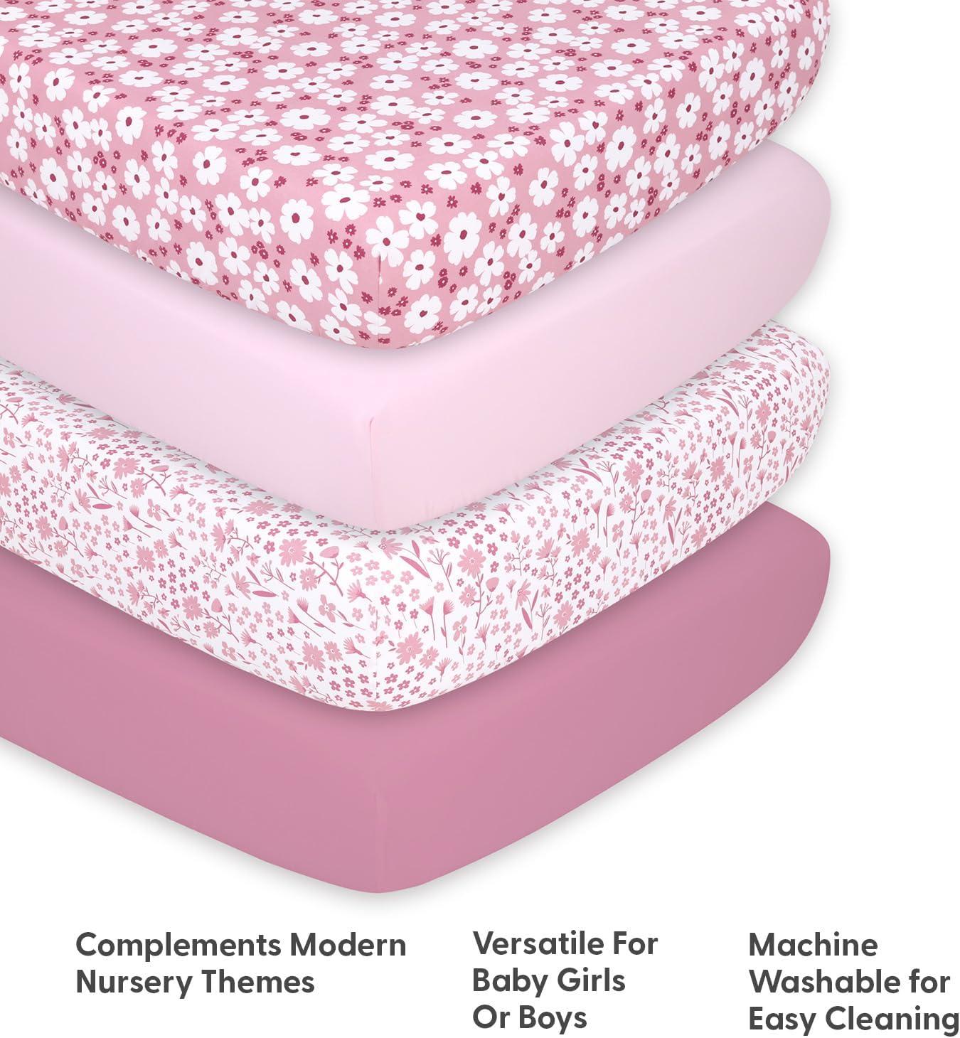 The Peanutshell Fitted Crib Sheet Set for Baby Girls, Daisy, 4 Pack | Pink, Mauve