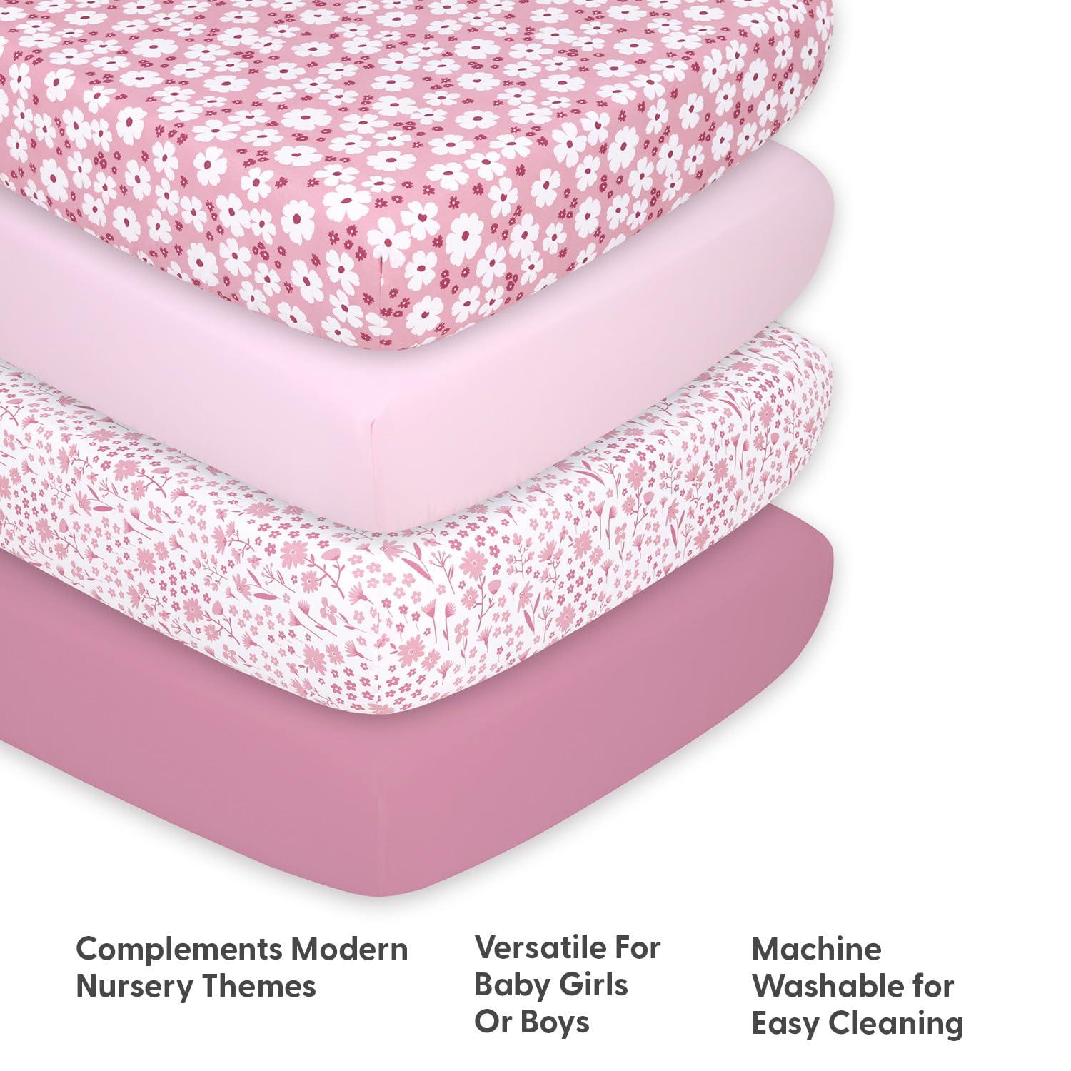 The Peanutshell Fitted Crib Sheet Set for Baby Girls, Daisy, 4 Pack | Pink, Mauve