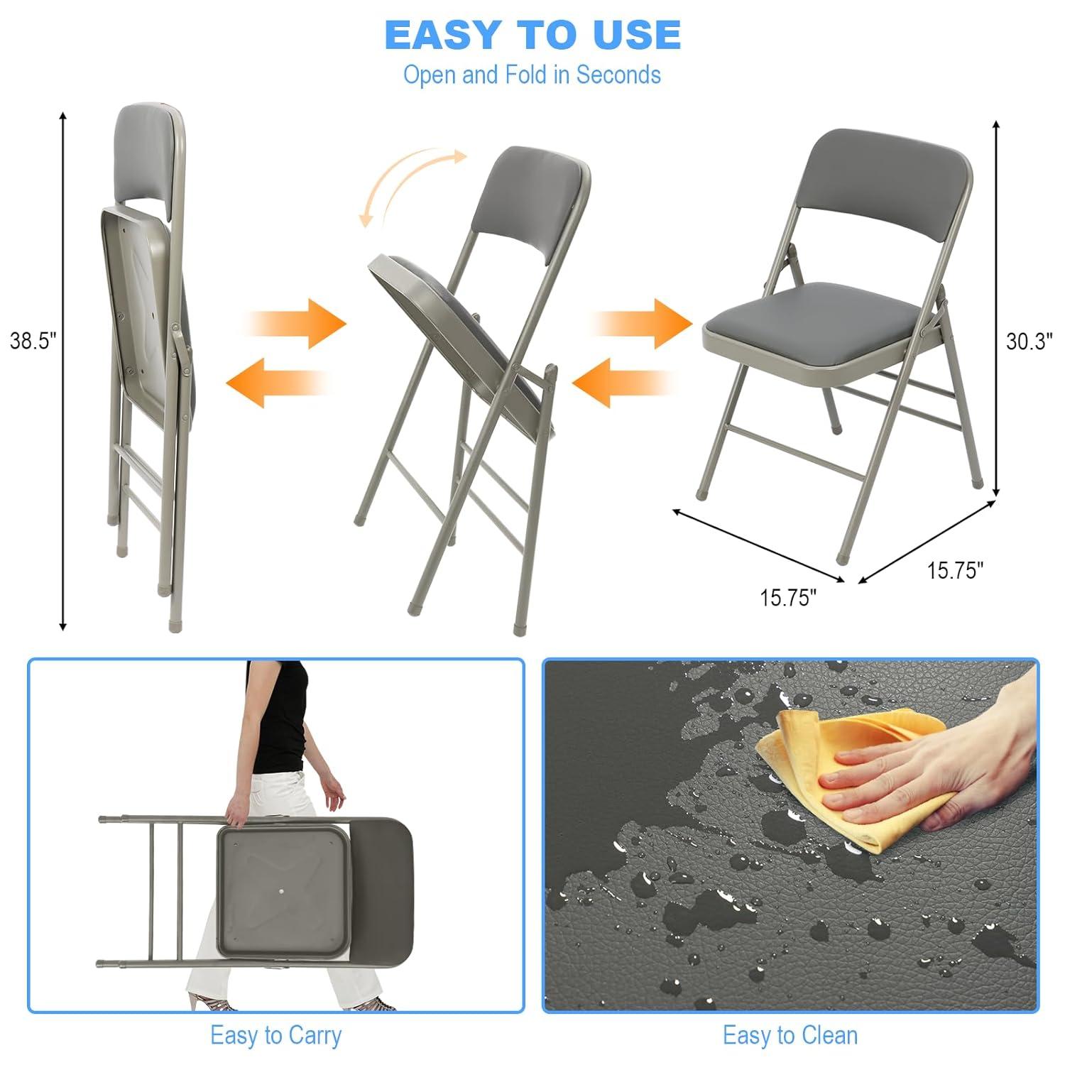 Folding Chairs with Padded Cushion and Back, 4pcs Potable Iron & PVC Durable Chairs for Indoor and Outdoor, School, Office and Garden Party, Gray