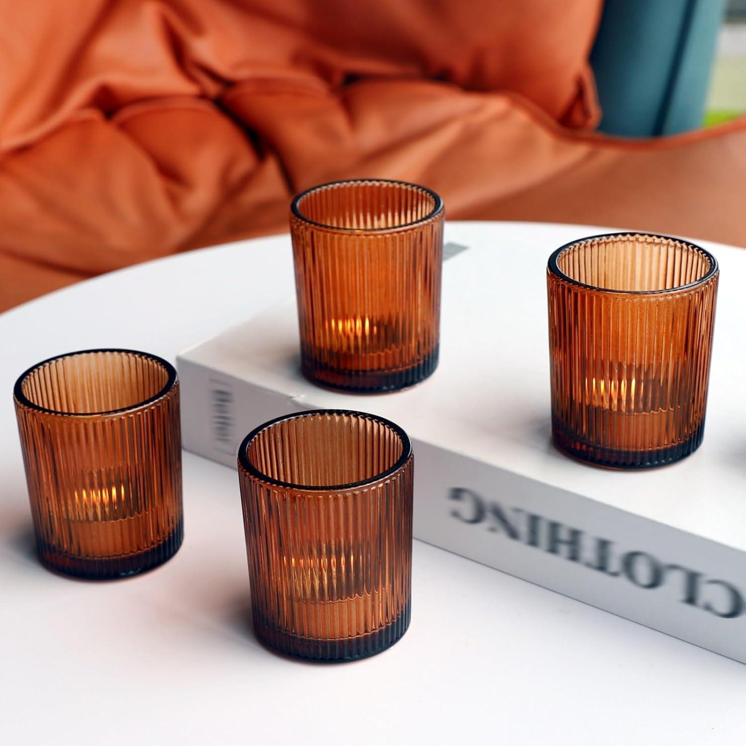 Amber Ribbed Glass Votive Candle Holders, Set of 12