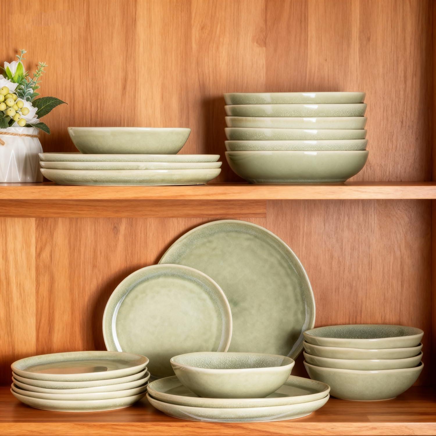 Olive Green and White Ceramic Dinnerware Set for 4