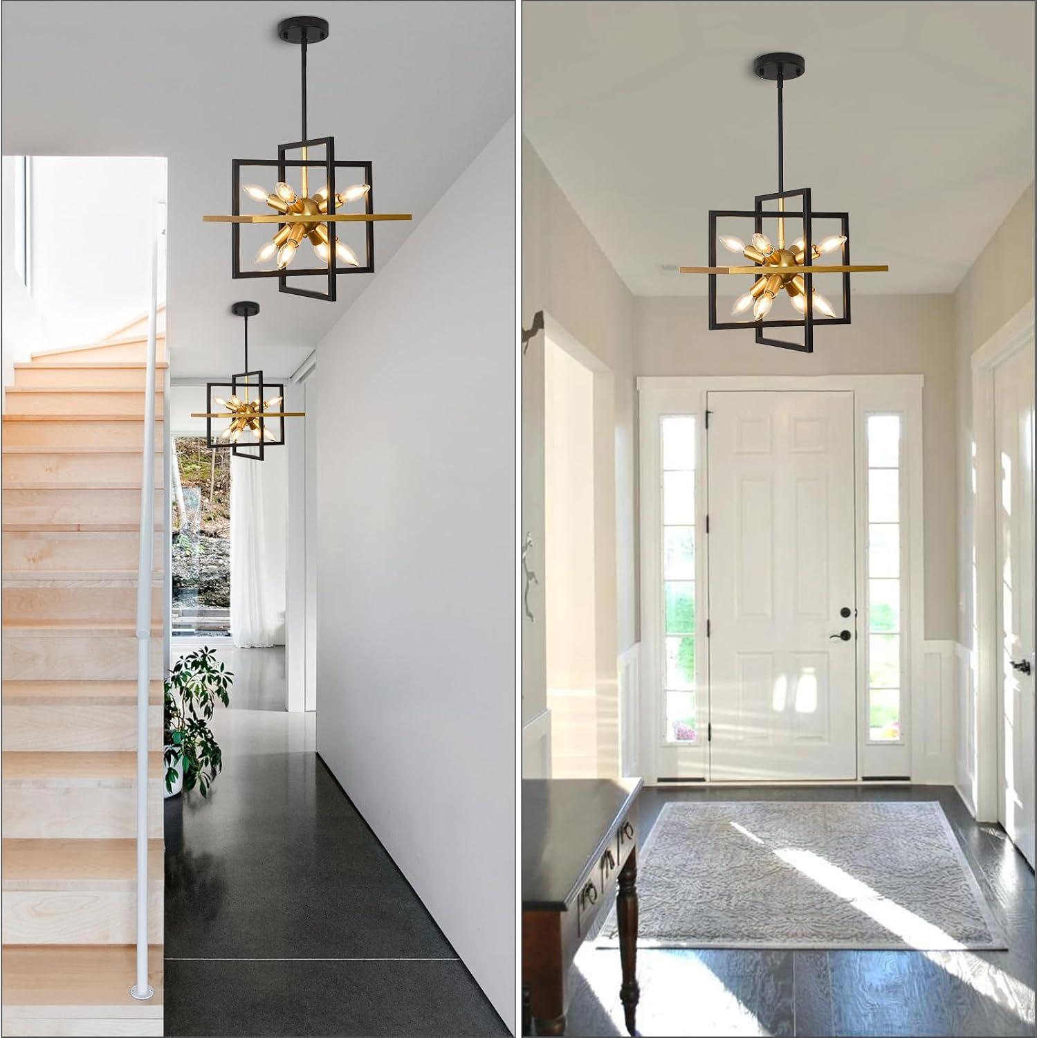 Modern Black and Gold Chandelier, 8-Light Geometric Pendant Light Fixture, Dining Light Fixtures Adjustable Chandelier for Dining Room Entryway Foyer Hallway Bedroom Living Room Kitchen Island