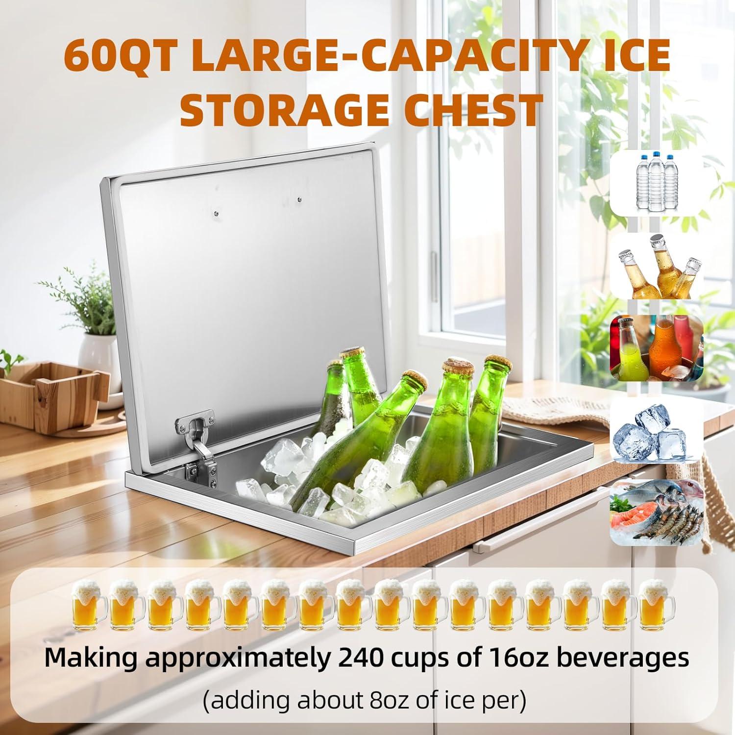 Drop in Ice Chest, Ice Cooler with 304 Stainless Steel Cover Drop in Ice Bin Included Drain-Pipe and Drain Plug for Cold Wine Beer