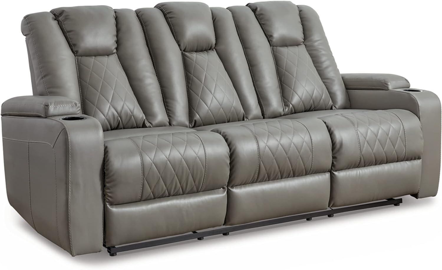 Contemporary Gray Faux Leather Reclining Sofa with Cup Holders