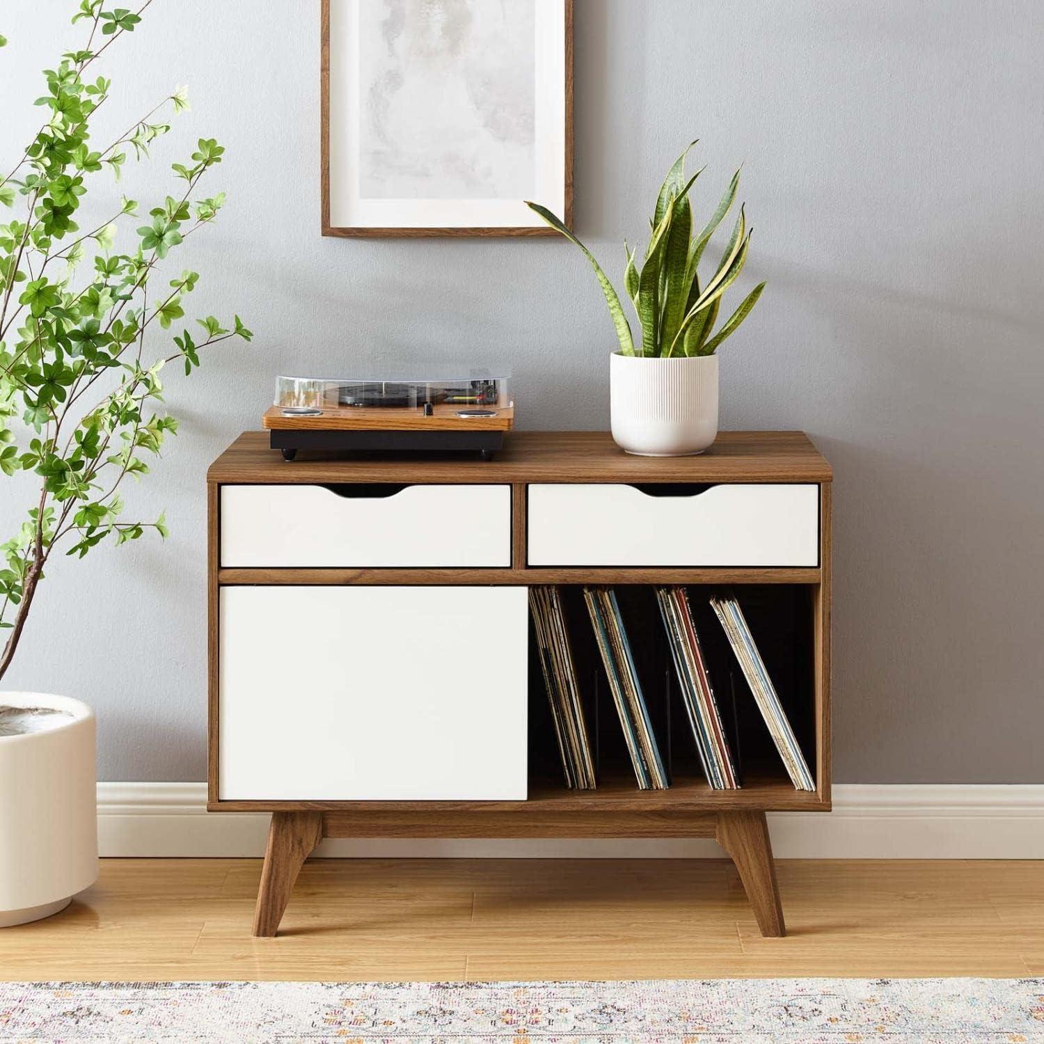 Envision 37" Walnut White Mid-Century Modern Vinyl Record Stand with Drawers